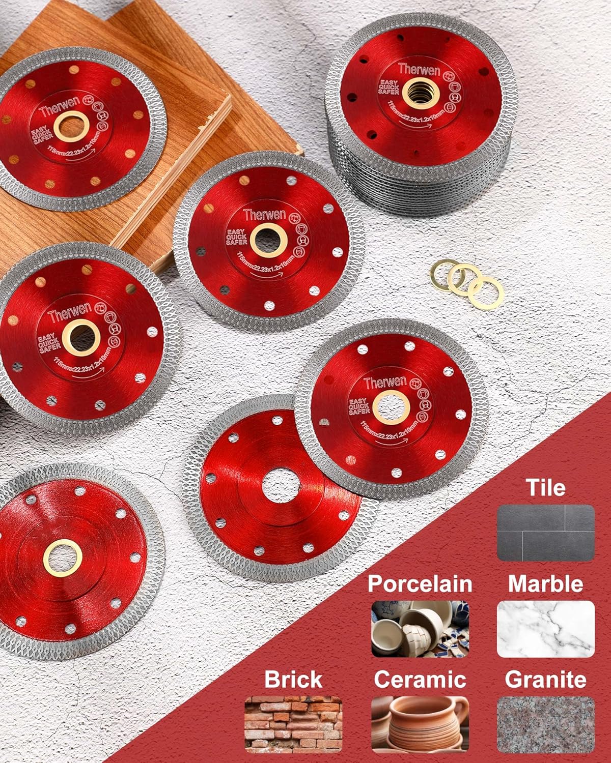 Therwen 25 Pcs Diamond Saw Blade Bulk 4.5 Inch Thin Tile Blade for Angle Grinder Tile Tools for Cutting Porcelain Ceramic Granite Marbles(Red)