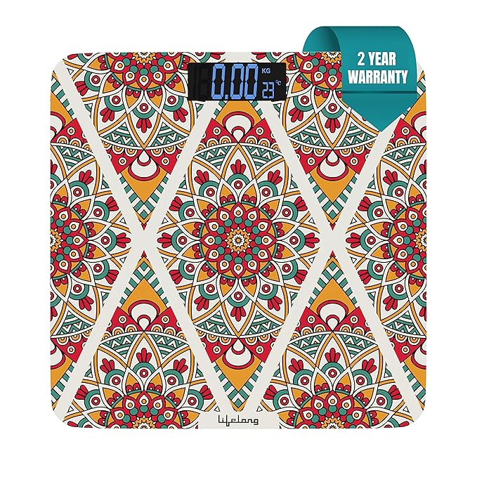 Lifelong Bloom LLWS54 Body Weighing Scale (Indian Cultural Series – Rajasthan Rural)|Digital Weight Machine for Body Weight|Thick Tempered Glass with LCD Display|Bathroom Weighing Scale (Multicolor) at Rs. 399