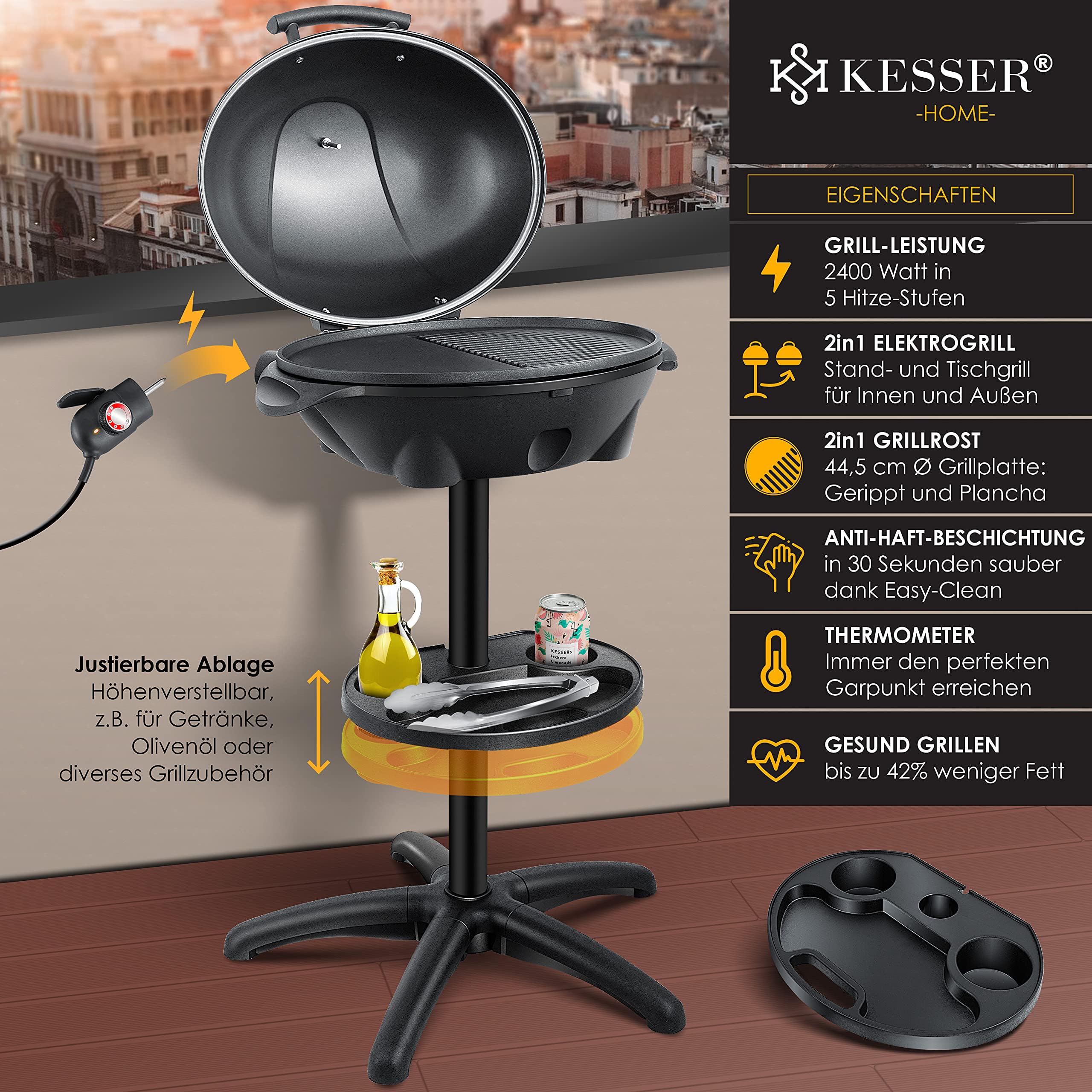 KESSER® elektrischer Elektrogrill 2in1 Tischgrill - Standgrill mit Deckel Standfuß | max. 2400 Watt Thermometer | Antihaftbeschichtung | XXL Grillplatte | integrierte Ablagefläche Elektro-Säulengrill