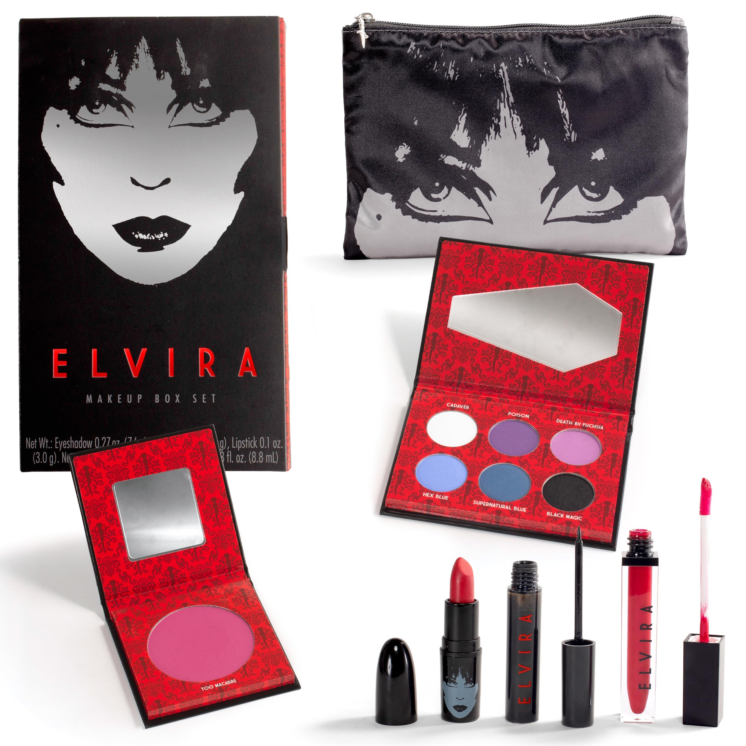Rubies Officially Licensed Elvira Makeup Kit - Complete Makeup Set Eyeshadow Palette, Lipstick, Lip Gloss, Black Eyeliner, Blush, Makeup Bag, Premium Halloween Make Up for Adults Costume Makeup Kit
