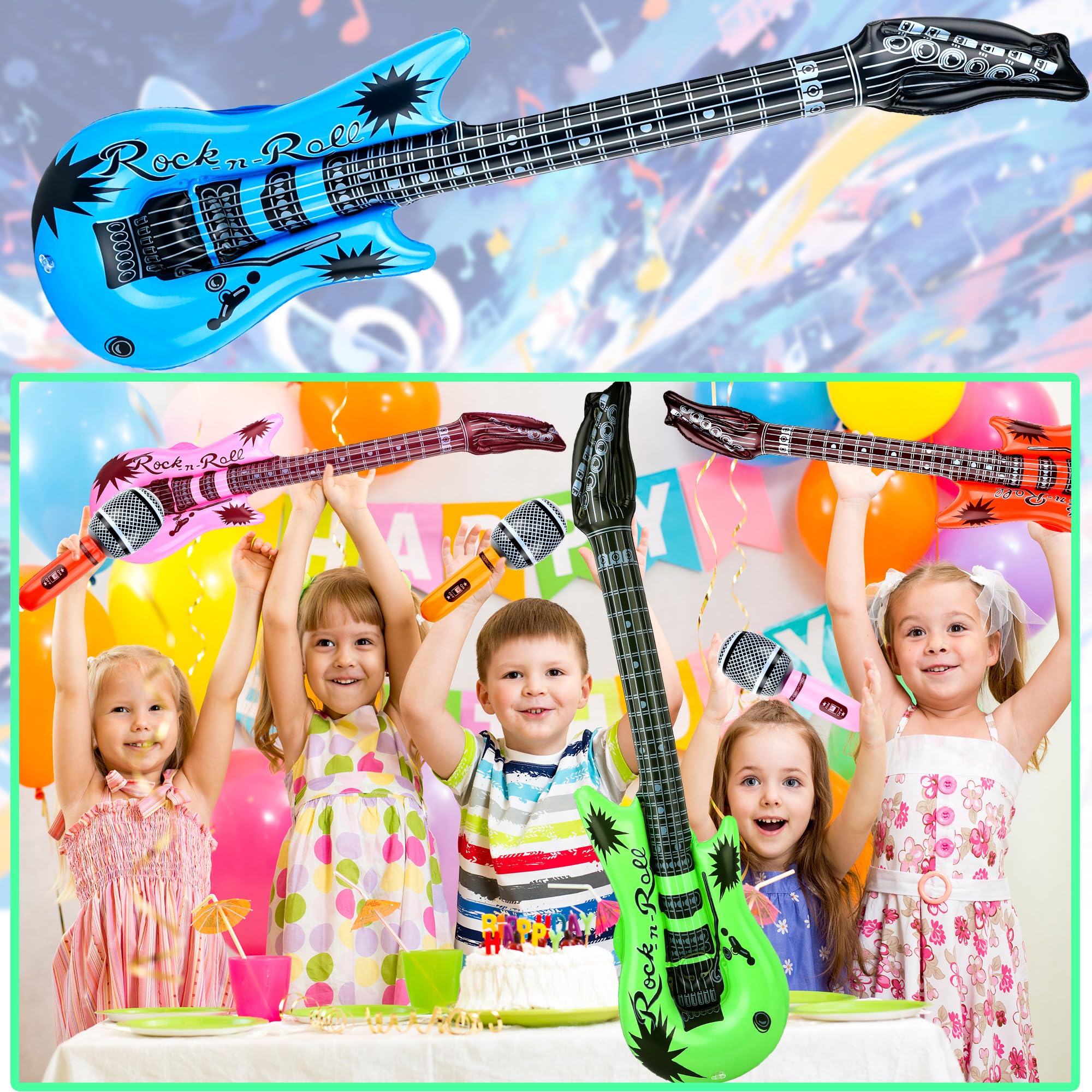 Paquete de 38 juguetes inflables de estrella de rock, incluye 18 piezas de guitarra inflable y 18 micrófonos inflables a granel y 2 bombas de aire para fiesta temática de conciertos musicales 7