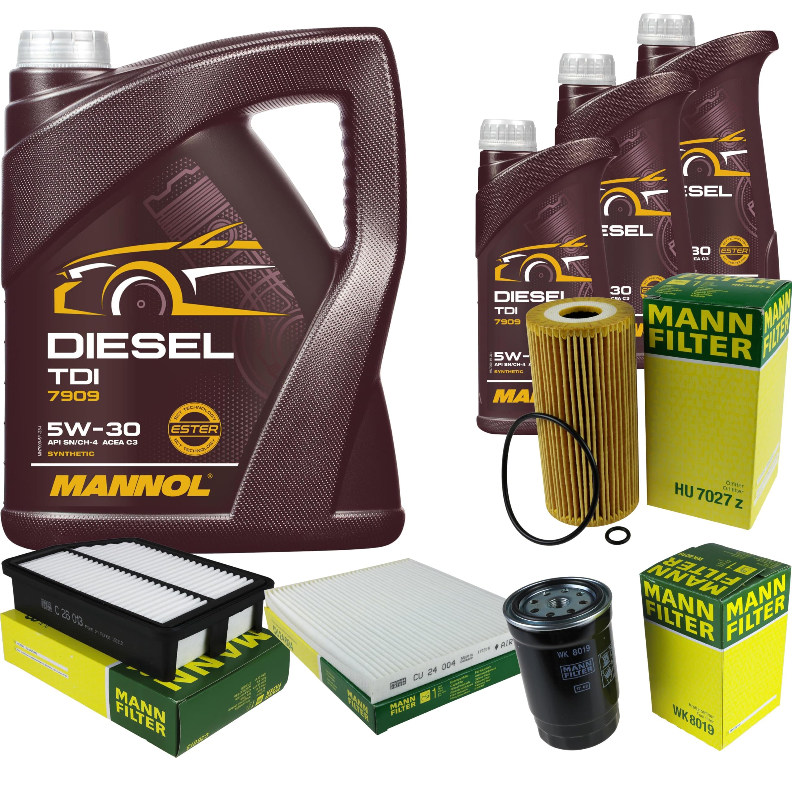 Set di filtri 8 litri MANNOL olio motore Diesel TDI 5W-30 API SN/CF MANN-FILTER filtro aria filtro abitacolo filtro olio filtro olio filtro carburante filtro carburante
