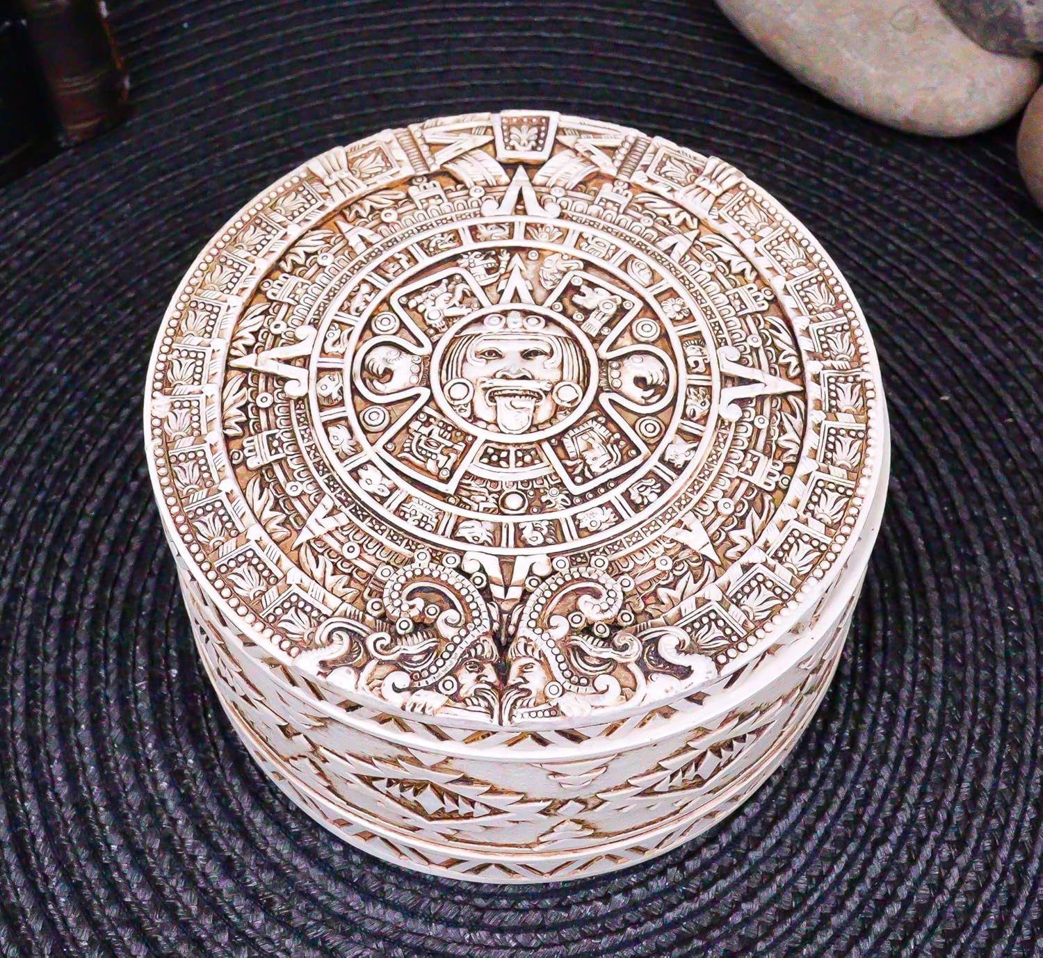 Ebros Round Mesoamerican Maya Aztec Jewelry Box Figurine 5"Diameter Solar Calendar Sun God Huitzilopochtli Decor