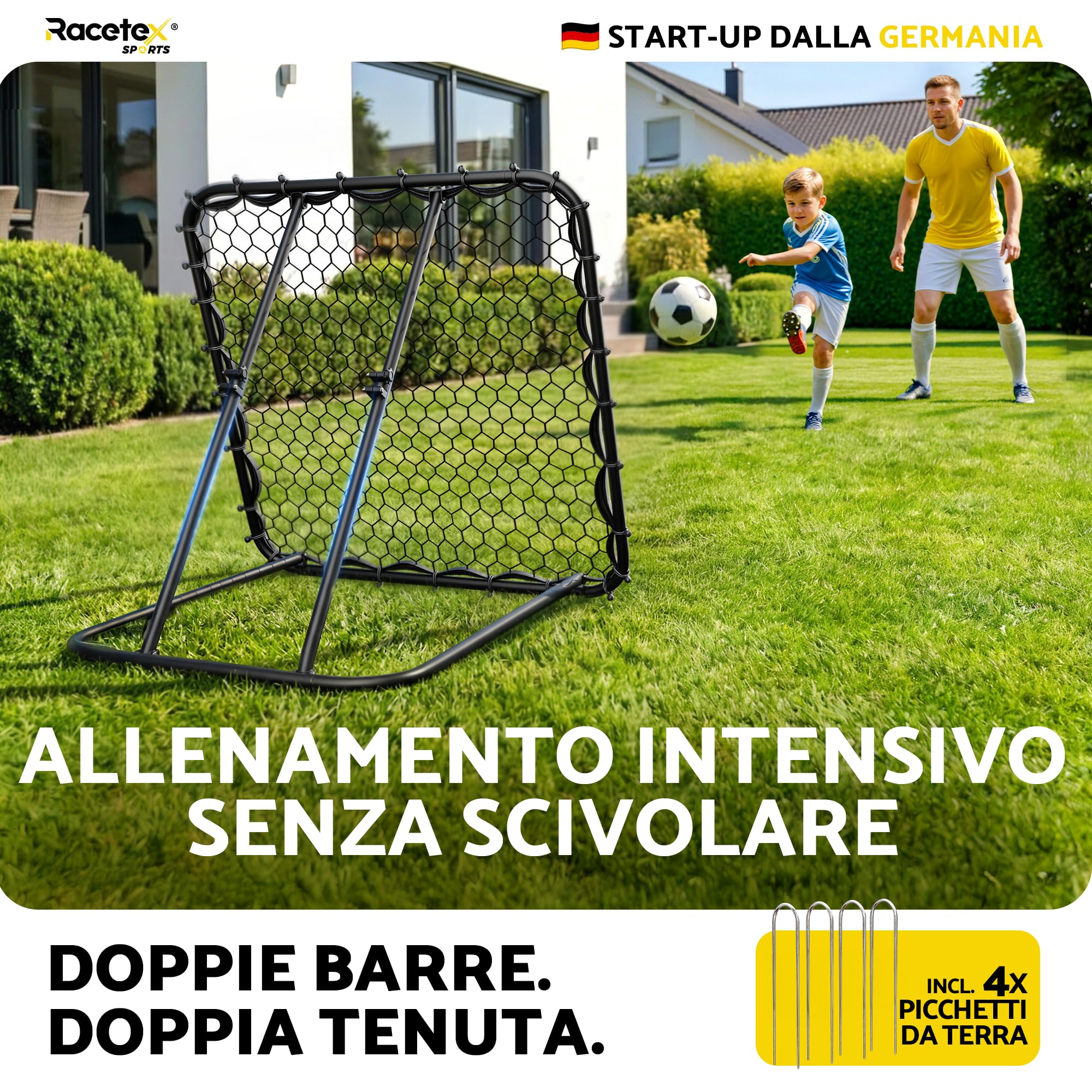 Racetex Rimbalzo per calcio XXL [125 cm x 125 cm) – Rimbalzo da calcio con struttura robusta e angolo regolabile – Calcio rimbalzo per allenamento di tiro, passaporto e balla