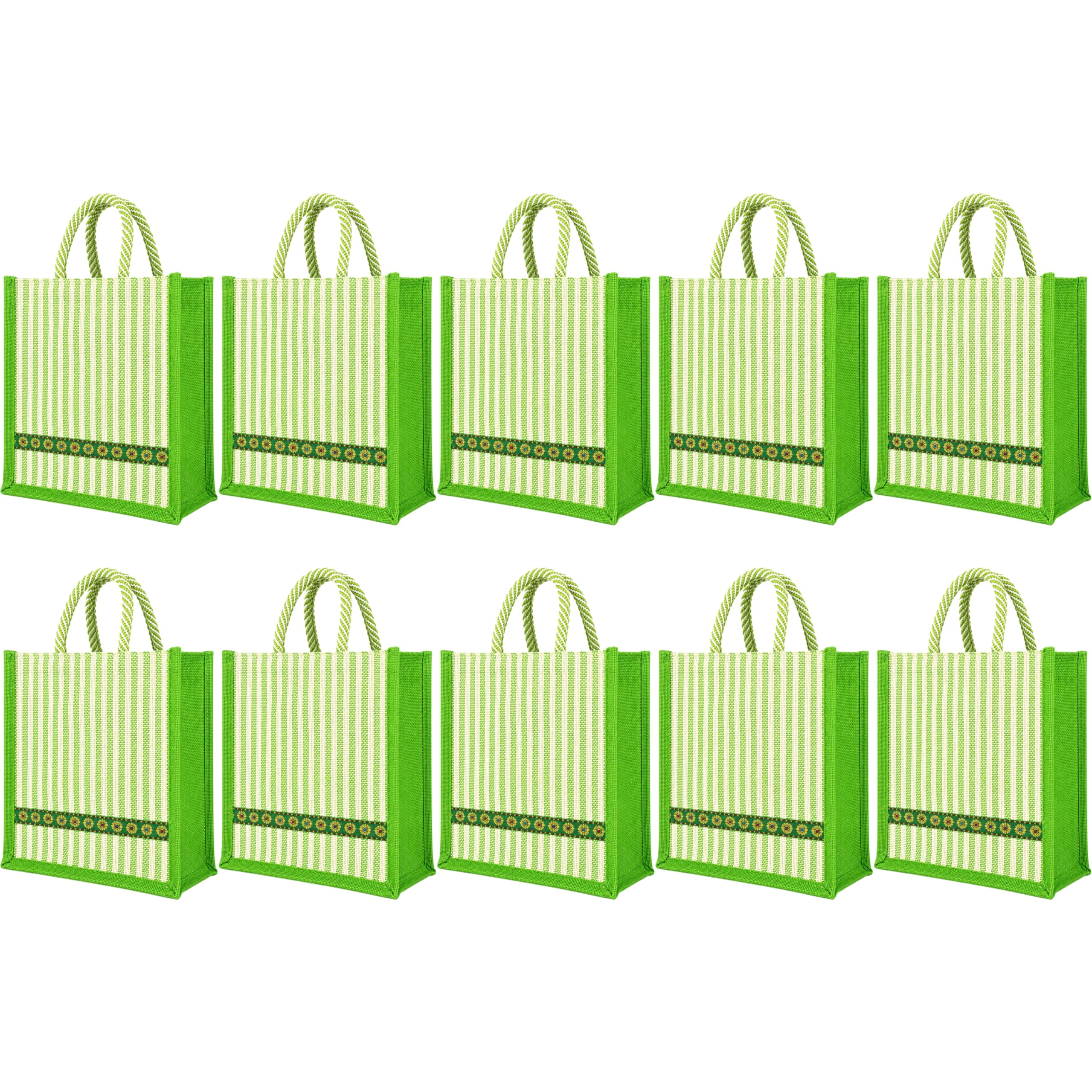 cantainoo Jute Bags for Return Gifts | Return Gift Bags | Eco-Friendly Reusable Jute Bags for Gifting, Shopping & Daily Use (10, Green Stripe Ethnic - Zip)