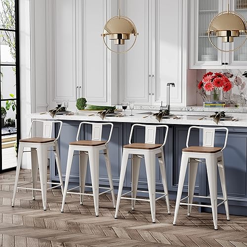 Miniatura 2 de Changjie Furniture - Juego de 4 sillas altas de metal con diseño industrial para barra de cocina o bar con respaldo bajo, Metal, Blanco, 24 pulgadas