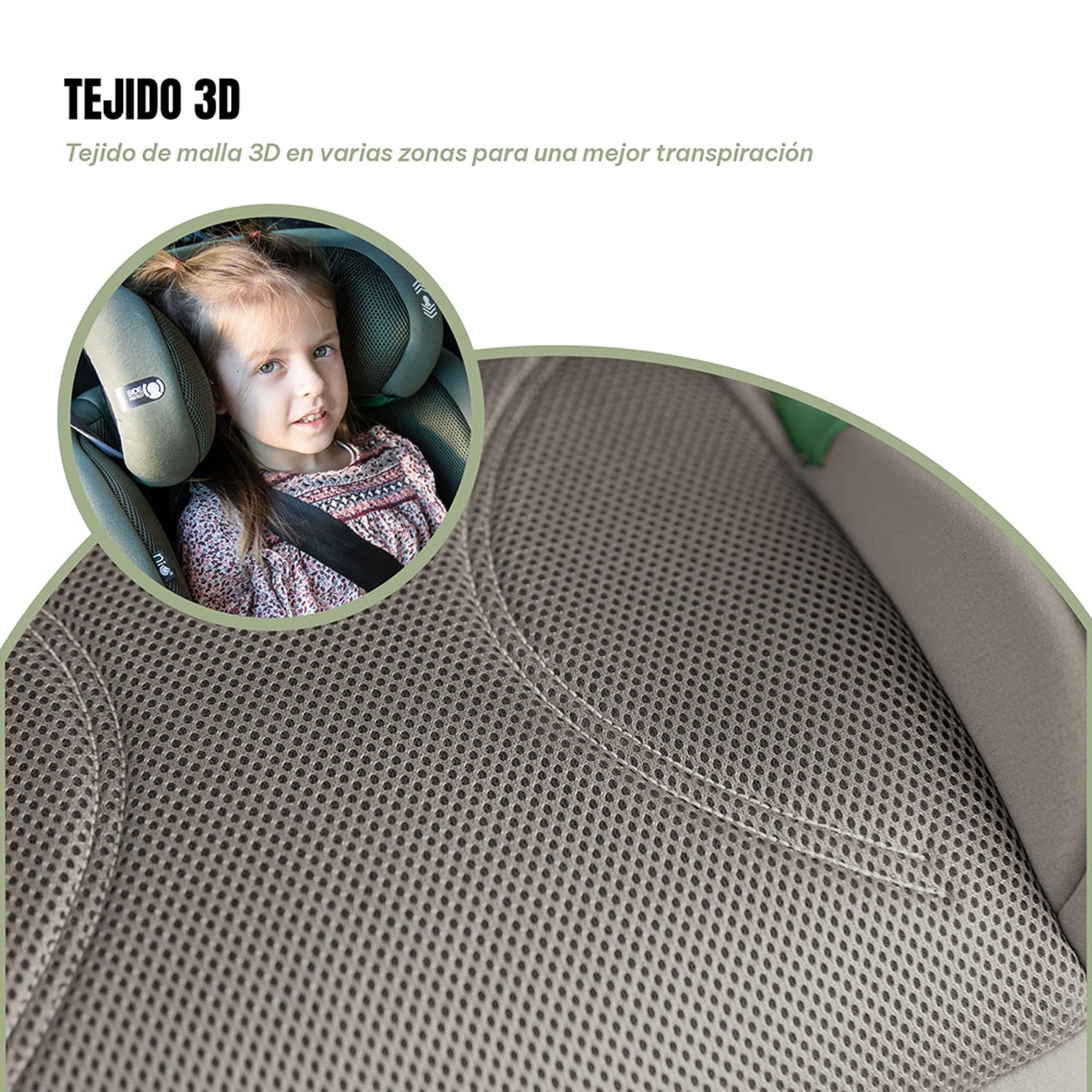 Olmitos AIRON TECH Silla de Coche i-Size 100-150 cm con ISOFIX Integrado, Asiento Infantil Reclinable, Reposacabezas Ajustable, Protección Lateral, Tejido Transpirable 3D, Respaldo ExtraíblE (Beige)