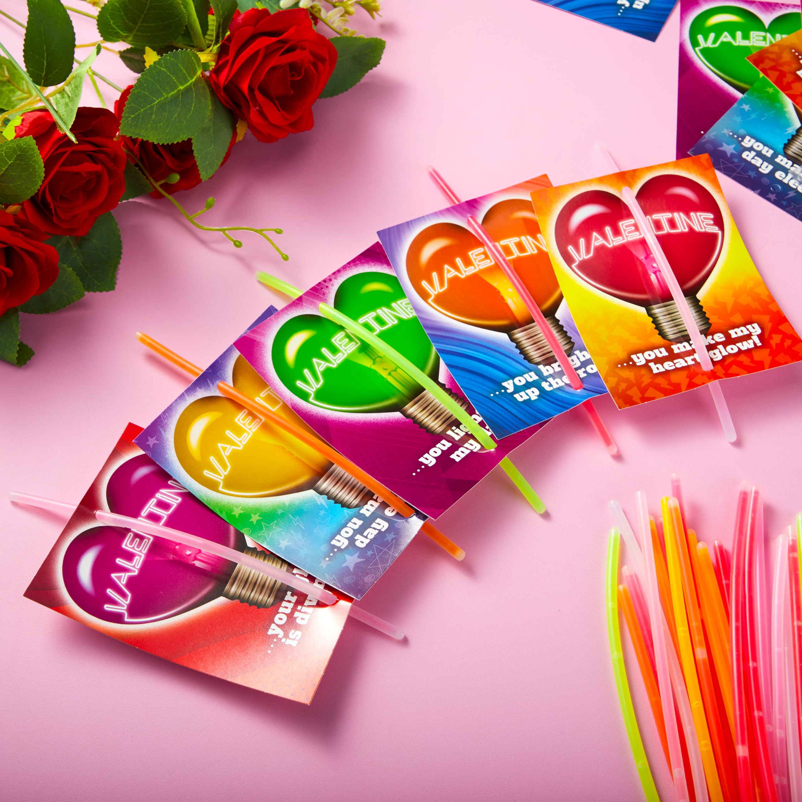 JOYIN 36 Packs Neon Valentines Day Gift Cards with Glow Stick Bracelets, Glow in the dark Necklaces for Valentine's Party Favor, Valentine Classroom Exchange Cards, Valentine School Prize