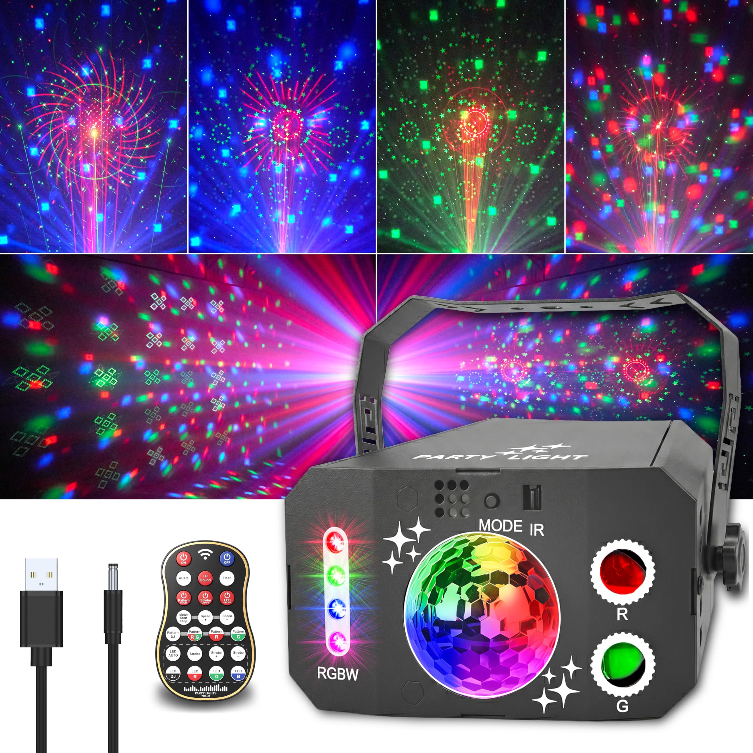 DJ Disco Party Light – Sound Activated RGBW LED Projector with Strobe & Star Ball, Remote Control Stage Lights for Kids, Weddings, Birthdays, Karaoke & Home Parties
