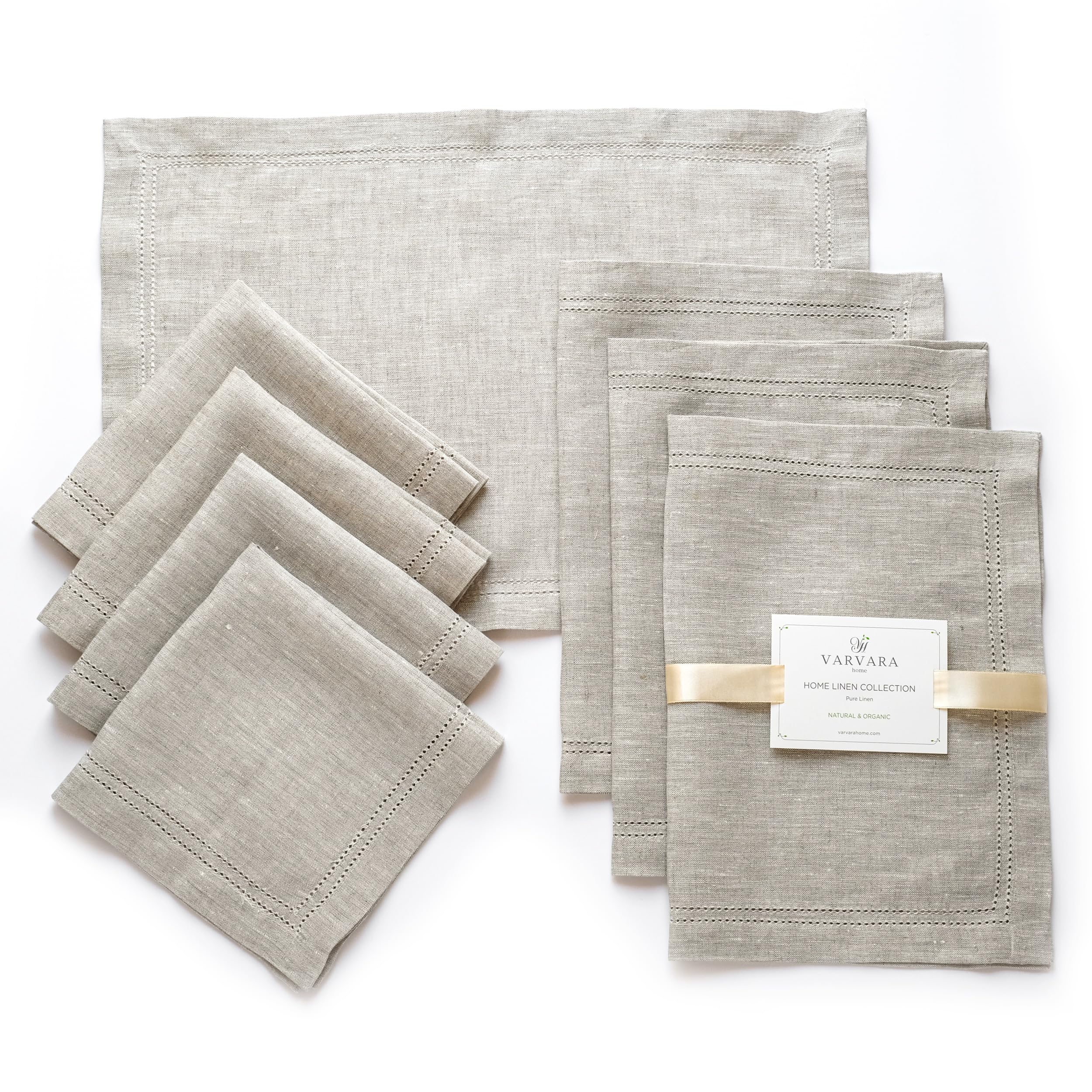 4 servilletas y 4 manteles individuales de lino con vaina hueca, servilletas de tela premium y manteles individuales de lino natural, estilo rústico (beis, 8 unidades)