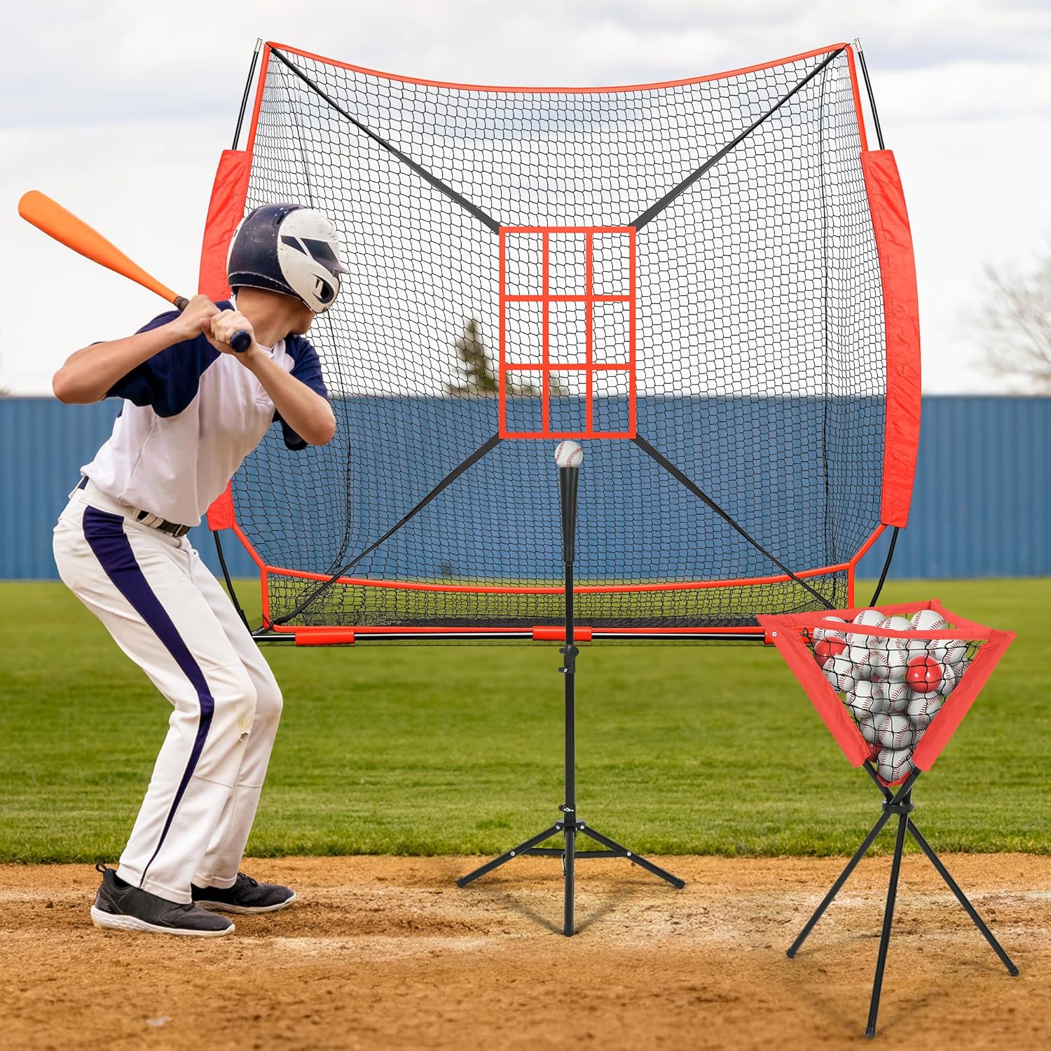 7'x7' Baseball Net with Batting Tee & Ball Caddy, Softball Net for Hitting and Pitching with Ball Collection, 3 Strike Zones, 4 Baseballs, 2 Weight Training Balls, Portable Carrying Bag