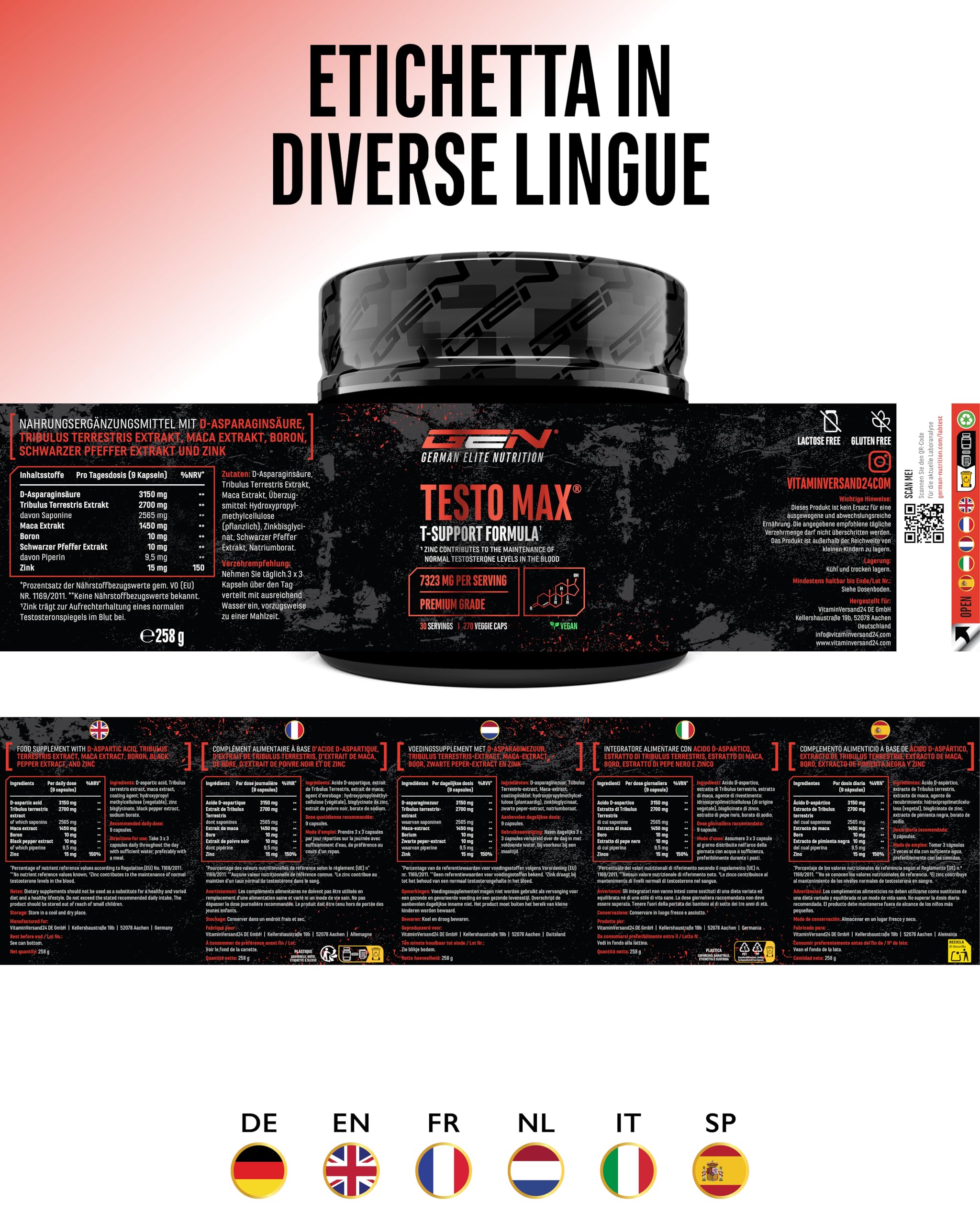 Testo MAX® - 270 Capsule - Extra Alto Dosaggio con 7323 mg per Dose Giornaliera - con Acido D-Aspartico - Tribulus - Estratto di Maca - Boro - Zinco - Aminoacidi - Vegano