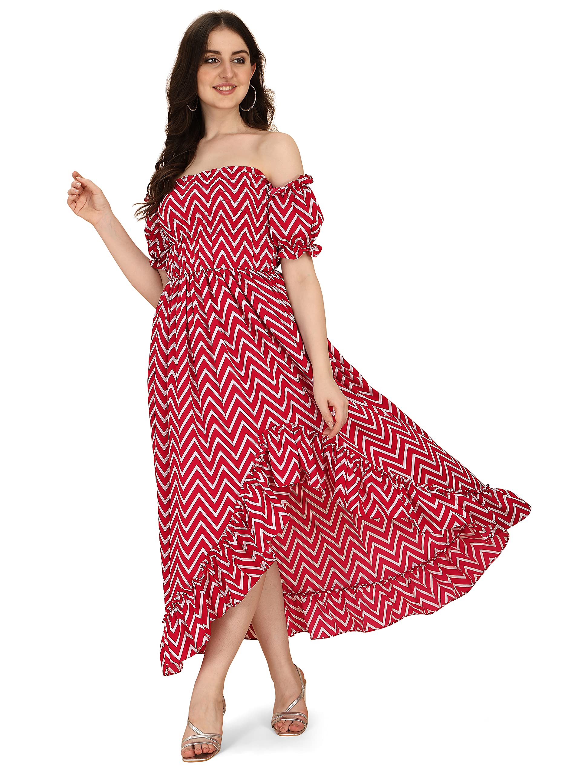 Oomph Flared Dress For Women Stylish | Long One Piece For Women | Off Shoulder Puff Sleeve Long Dress | Floral Print Maxi One Piece | Western & Fusion Wear Bohemian Style Maroon