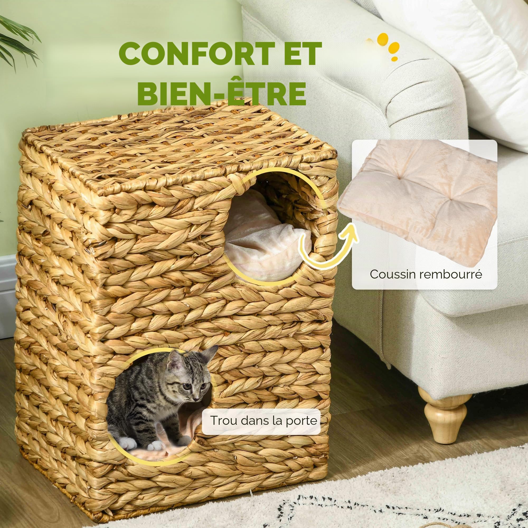 PawHut Tonneau à Chat de 55 cm de Haut avec 2 niches, Coussins lavables, Arbre à Chat, Tour de Chat en Jacinthe d'eau, Marron Clair