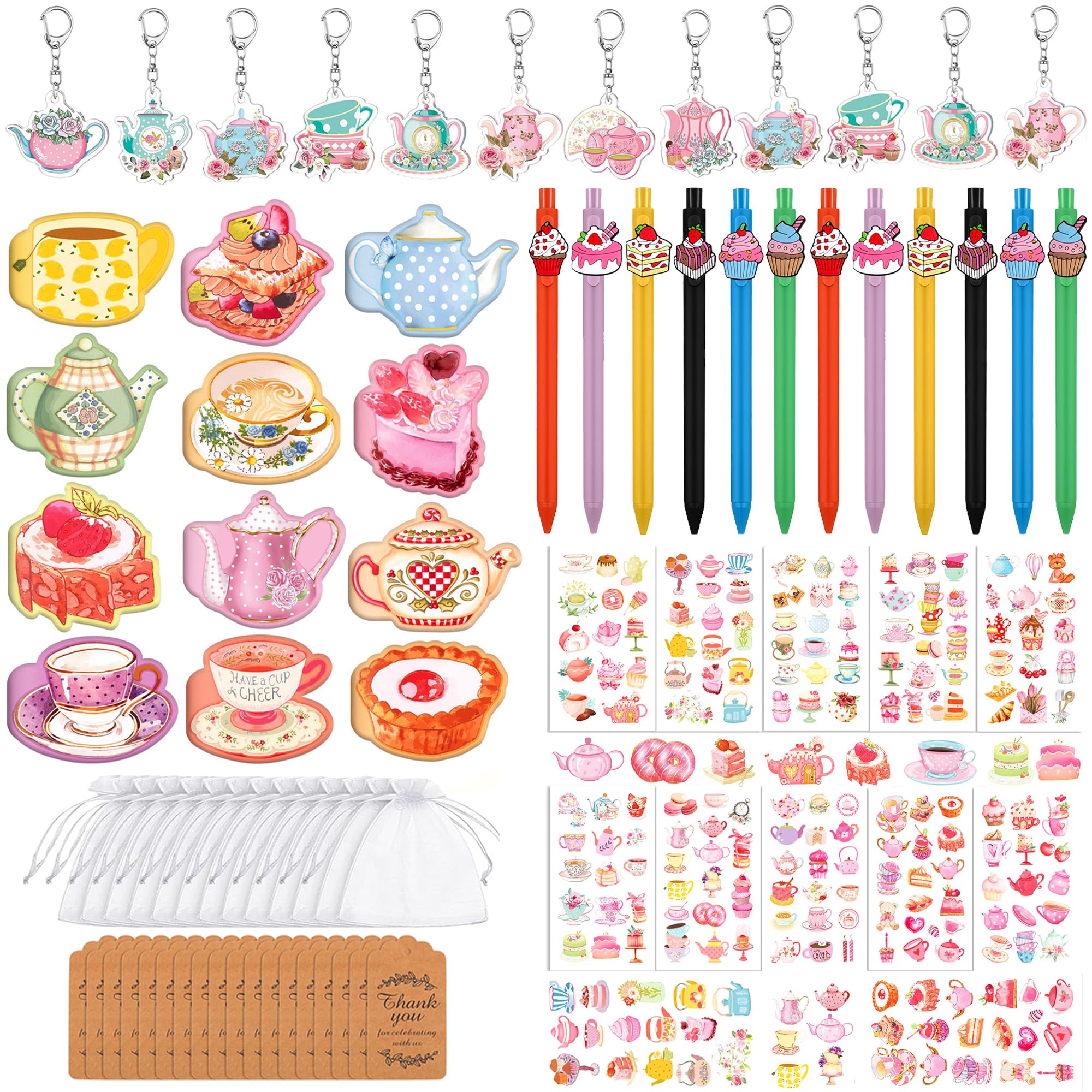 Anprola Tea Party Gifts Set with Mini Notepads Ballpoint Pens Keychains Temporary Tattoos Stickers Organza Bags and Card Tags for Tea Themed Birthday Party Supplies Decorations Rewards 12 Guests