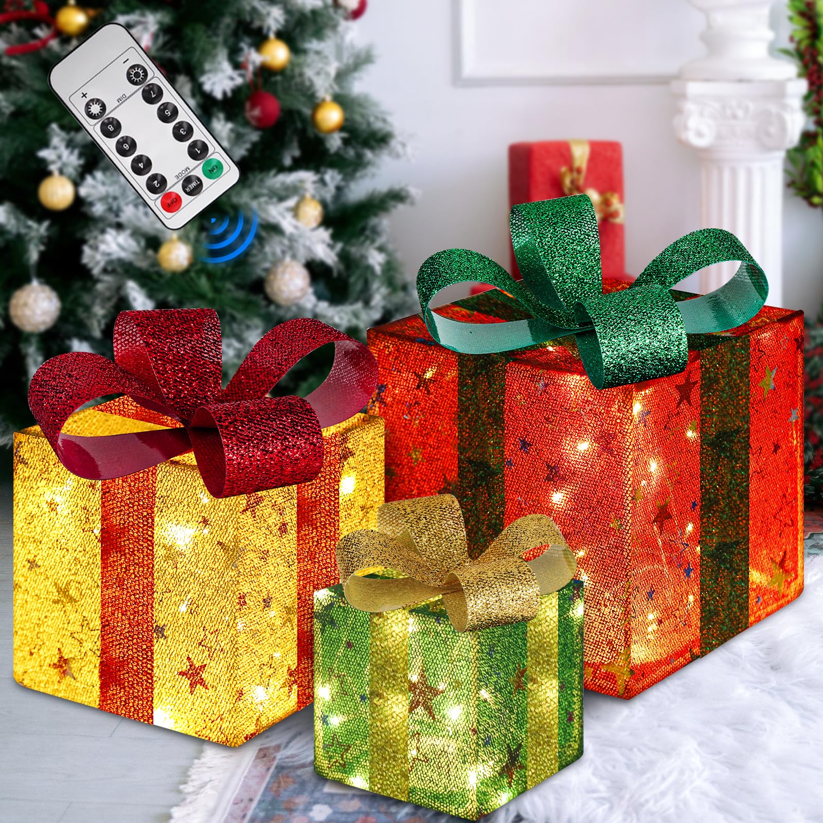 Vsasa? Set of 3 Christmas Lighted Gift Boxes, Light Up Presents Christmas Decor with Bow and 50 LEDs, Star Patterns Foldable Lighted Christmas Boxes with Remote Control, Suitable for Indoor Use