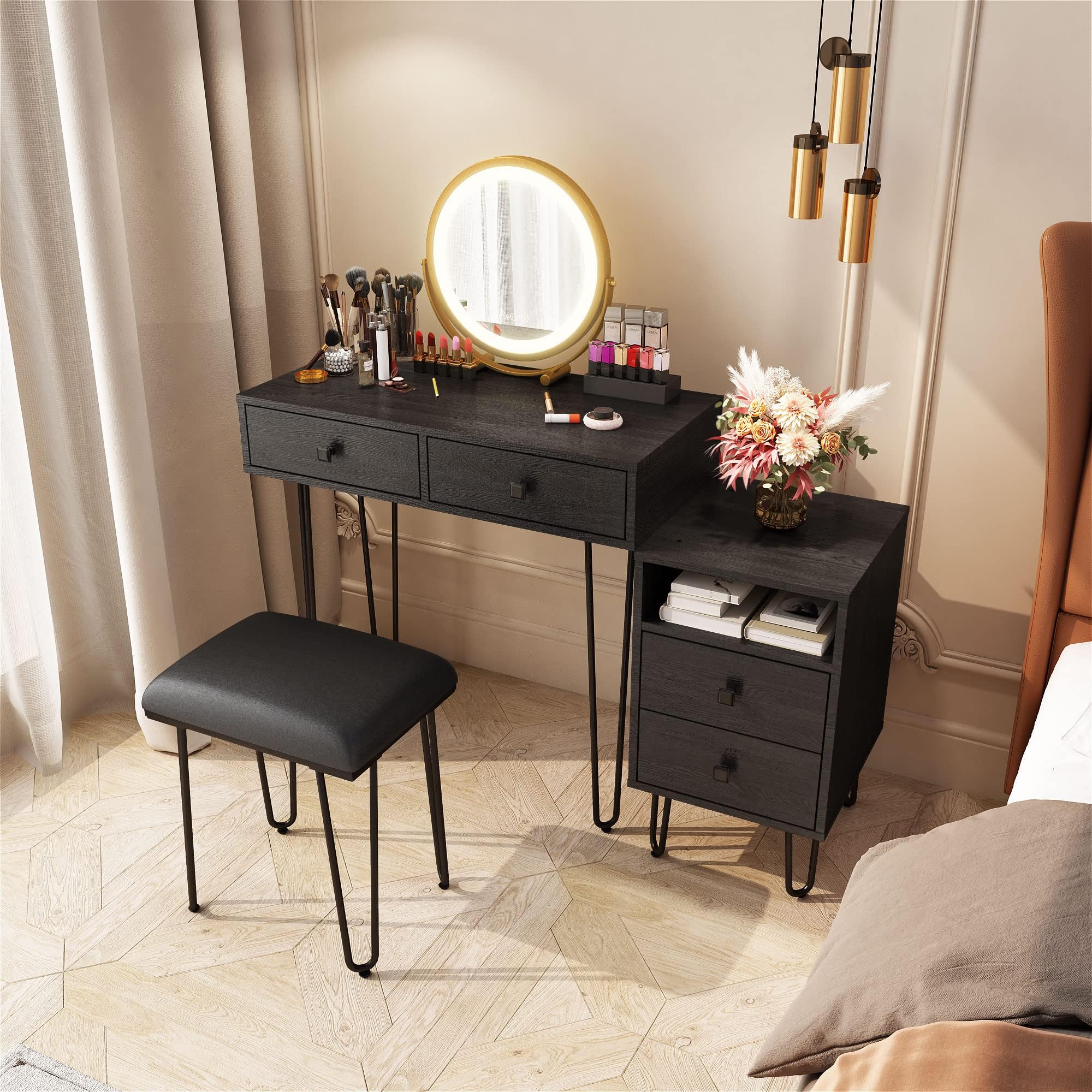 Small Makeup Vanity Desk With Mirror & Lights – 26.4" Black Vanity With Stool, Charging Station & 10 Bulbs, For Small Spaces