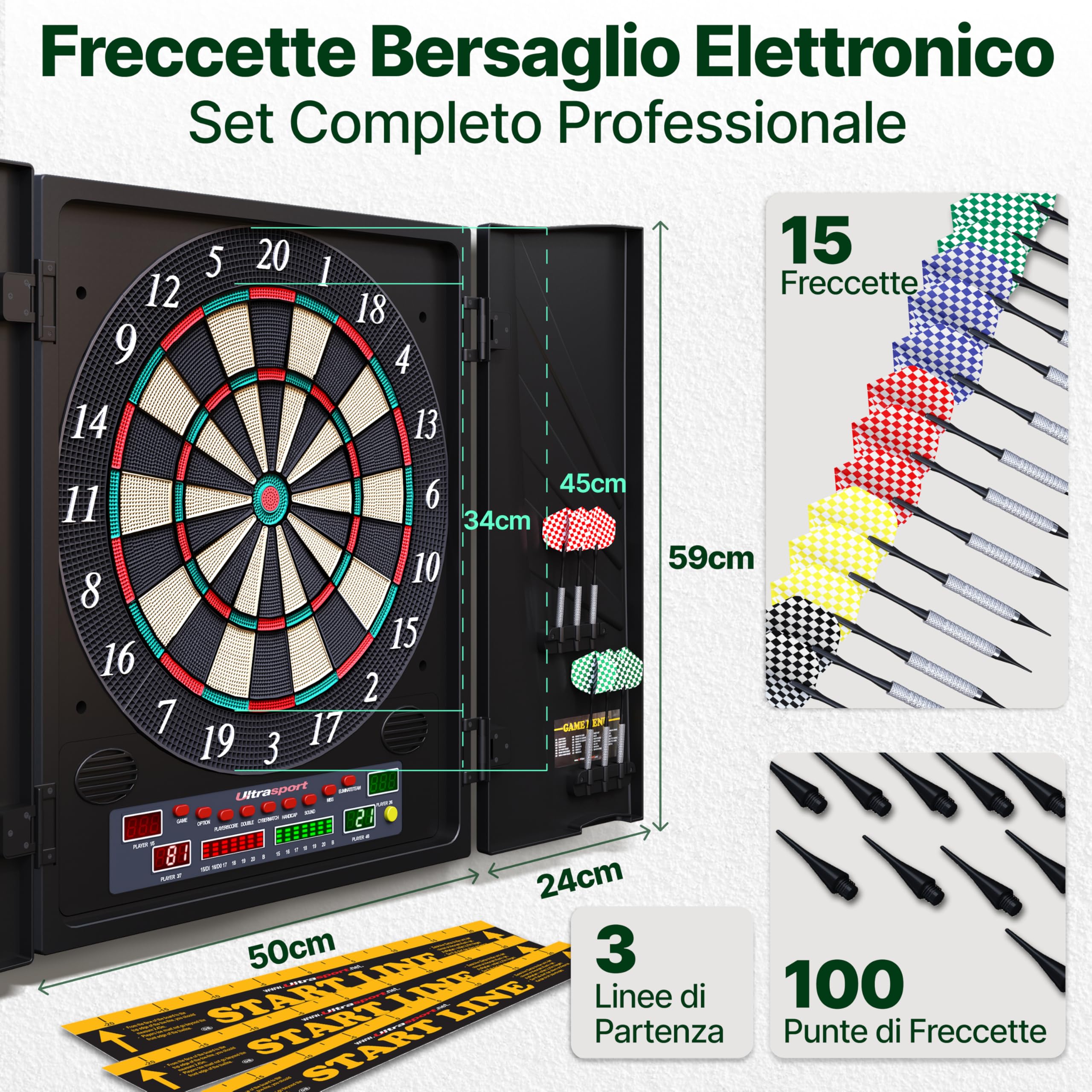 Ultrasport Tavola da Freccette Elettronica, con/Senza Porte, Freccette Classiche per 16 Giocatori, Gioco di Freccette con indicatore LED, 38 Giochi e Molte Varianti,12 Freccette e 100 Punte morbide