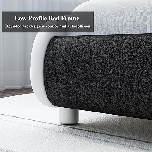 Miniatura 8 de Marco de cama de lujo tapizado en piel sintética con cabecera LED, diseño ondulado de perfil bajo, soporte de listones de madera, control remoto, no