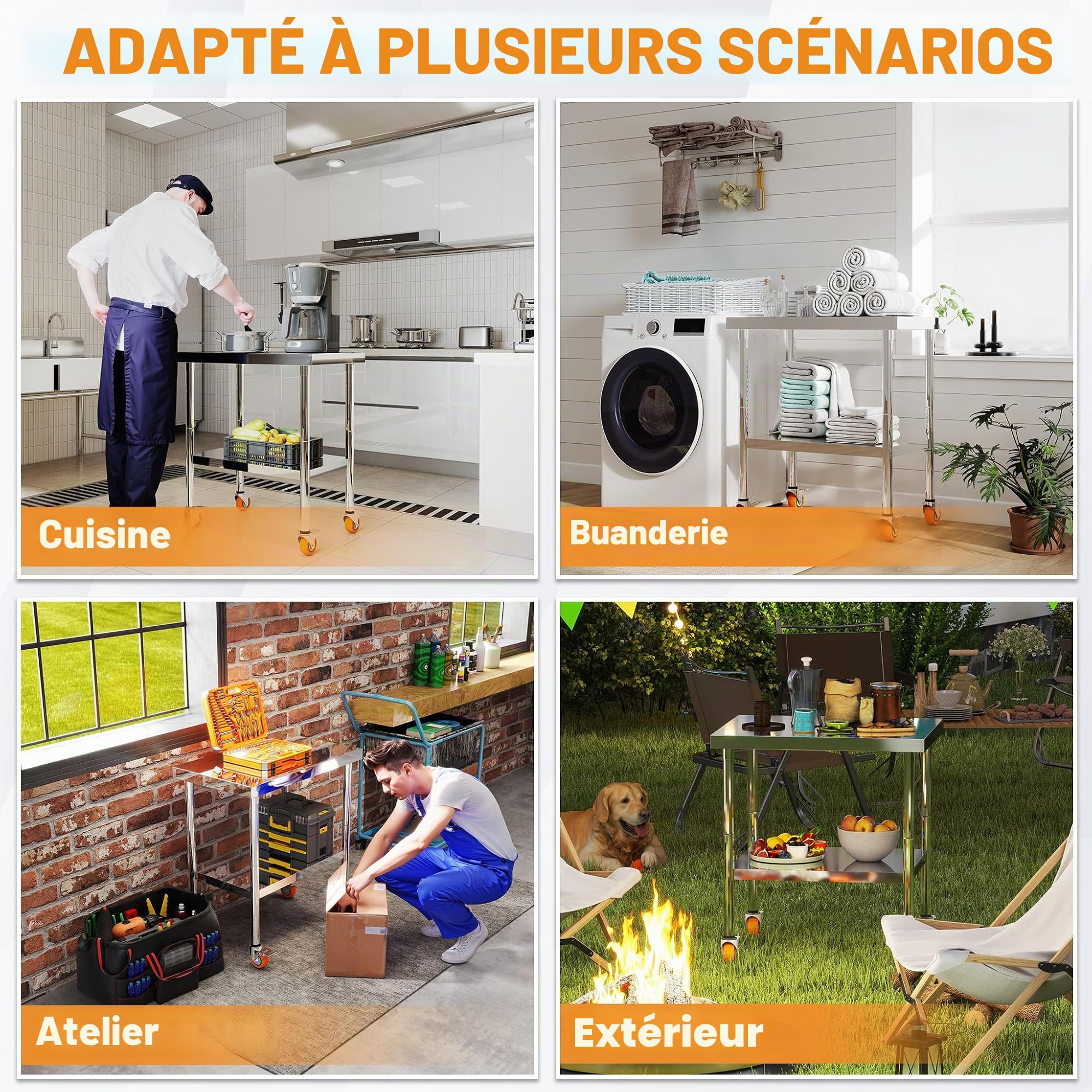 UISEBRT Table de travail en acier inoxydable, 4 roulettes pivotantes avec freins, Table de préparation/table de cuisine avec hauteur réglable, pieds, Table de découpe capacité de charge 300 kg pour