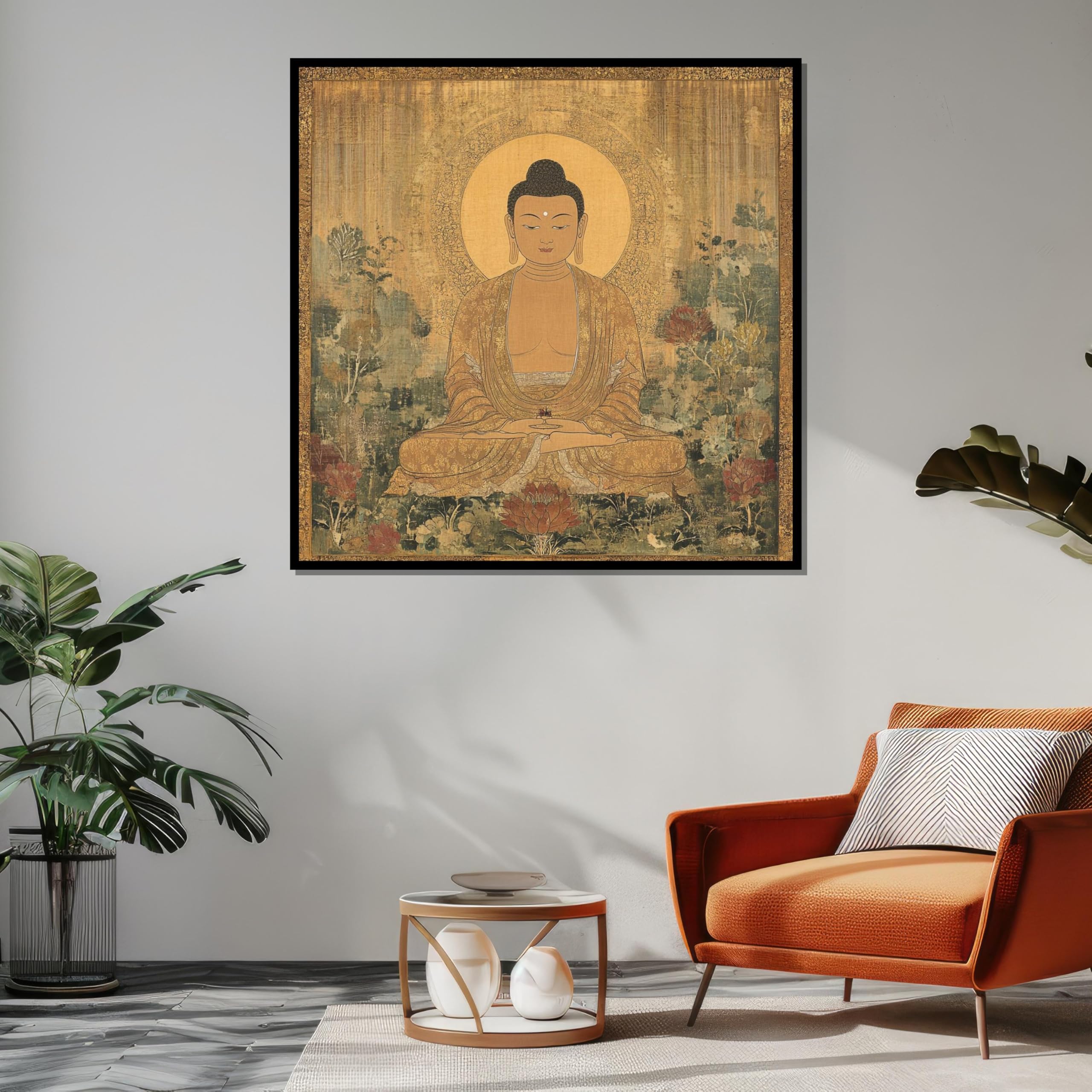 TONGYINLI Klasyczny Budda obraz na płótnie sztuka ścienna do medytacji zen plakaty i druki oświetlenie płótno projektowanie do dekoracji wnętrz (70x70cm/rama wewnętrzna)