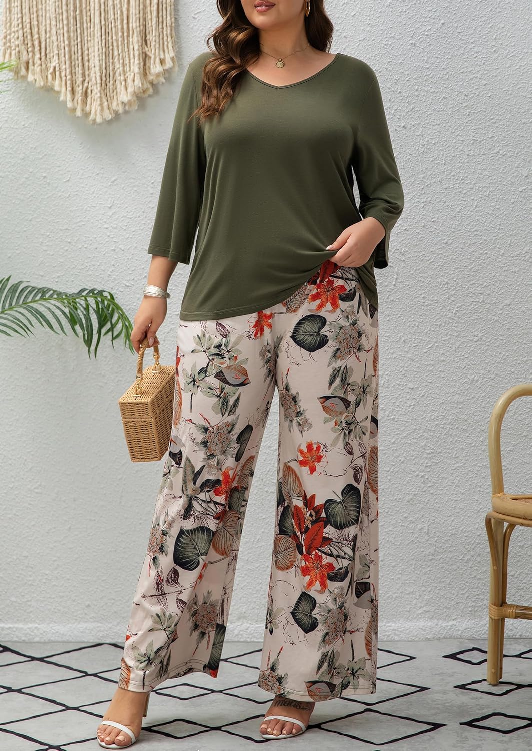 Womens Plus Size Lounge Sets 2 Piece Outfits 3/4 Sleeve Pullover Tops Wide Leg Pants Travel Loungewear - Image 5