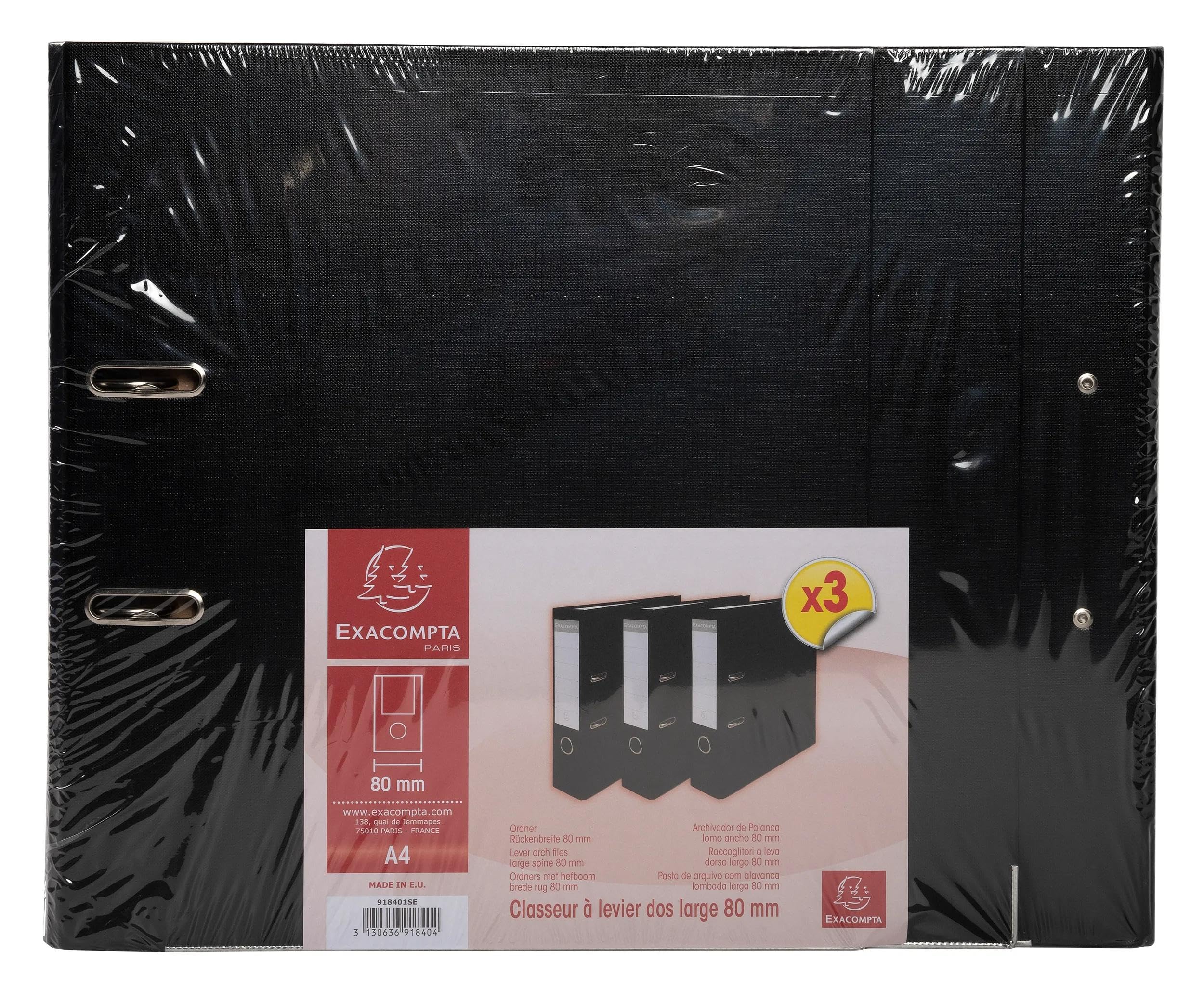 Exacompta - Rif. 918401SE - Cartone da 4 confezioni da 3 raccoglitori a leva, dorso 80 mm, formato A4, esterno in polipropilene, interno in carta, nero