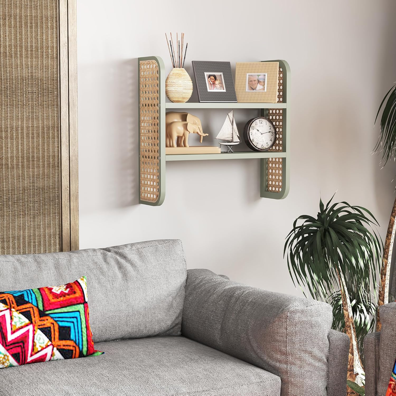 2-Tier Rattan Shelf, Green Rattan Bookshelf Wall Mounted, Handmade Woven Display Shelf, Decorative Boho Shelves for Entryway, Nursery, Kitchen, Living Room