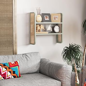 2-Tier Rattan Shelf, Green Rattan Bookshelf Wall Mounted, Handmade Woven Display Shelf, Decorative Boho Shelves for Entryway, Nursery, Kitchen, Living Room