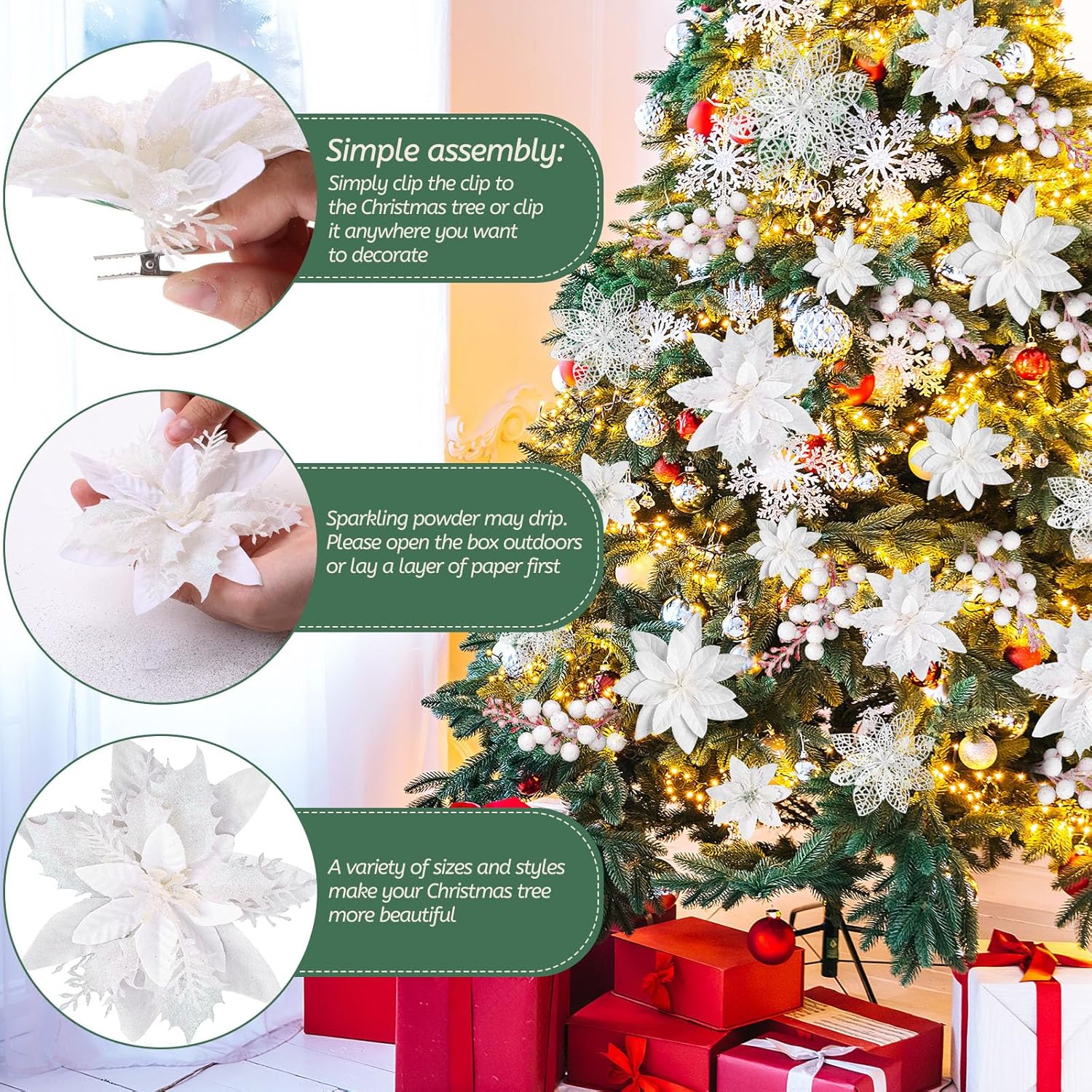 Zeyune 60 Pcs Christmas Flowers Glitter Poinsettia Flower, 3, 4, 6 Inch Artificial Flowers for Decoration with Clips for Christmas Tree Holiday Outdoor Seasonal Party Wedding Decoration(White)