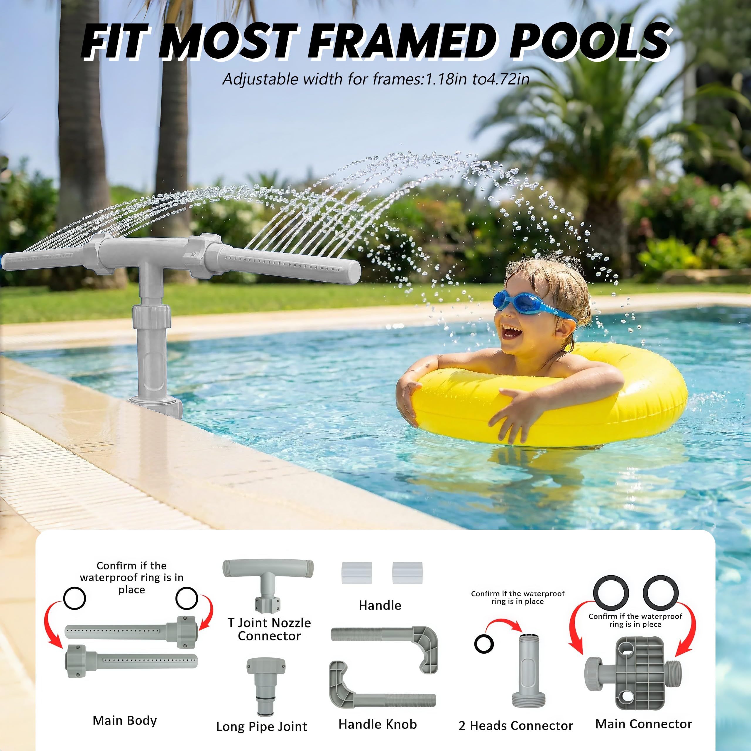 Pool Wasserfall Brunnen Für Aufstellpools, 360° Verstellbarer Dual-Mode Wasserfall-Poolsprinklerbrunnen, Druck- und höhenverstellbares Poolzubehör für Bodenpools(Grau)