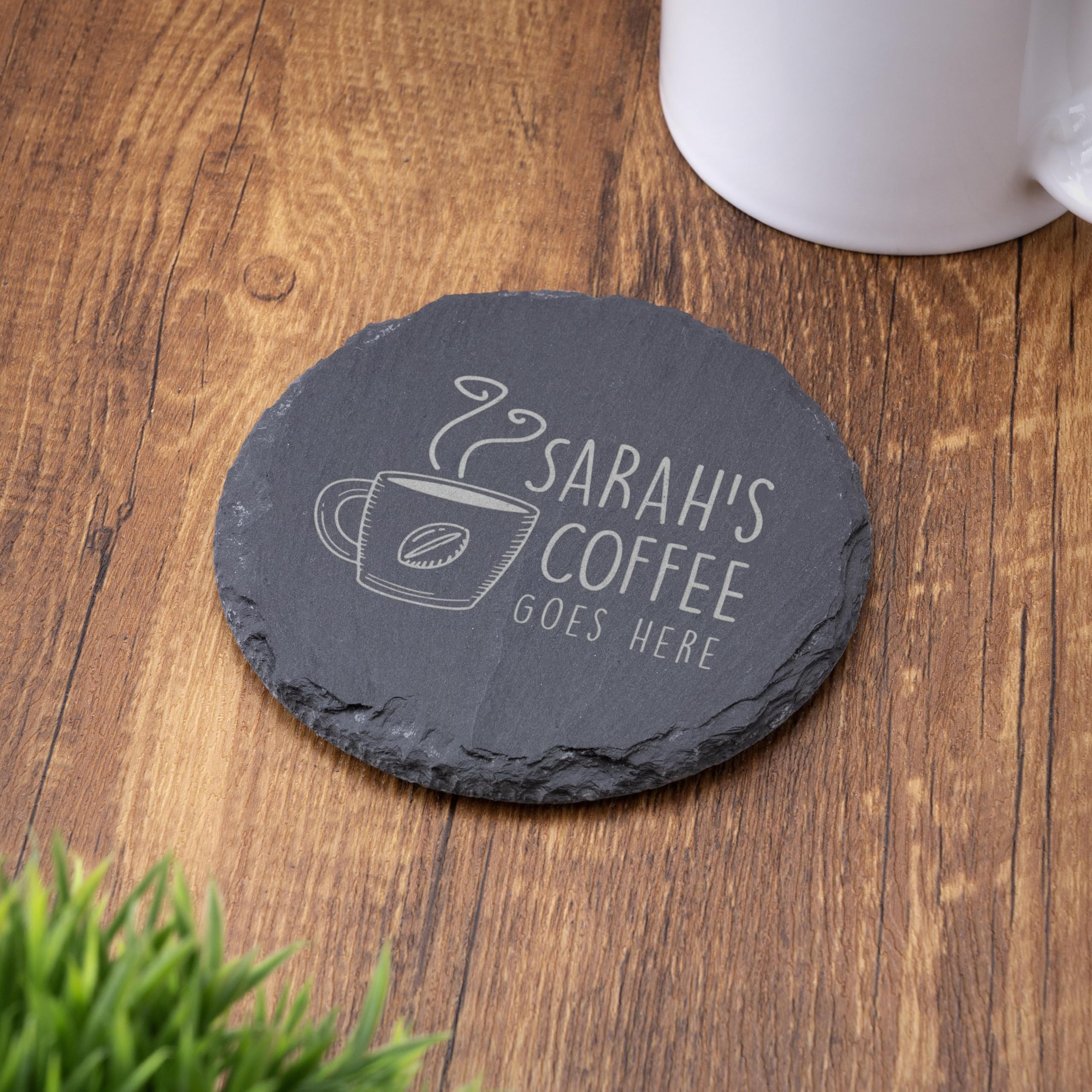 Personalised Slate Coaster - Your Coffee Goes Here Design - Laser Engraved Circle Drinks Coaster Gift for Him or Her - Wedding, Birthday, Anniversary or Christmas