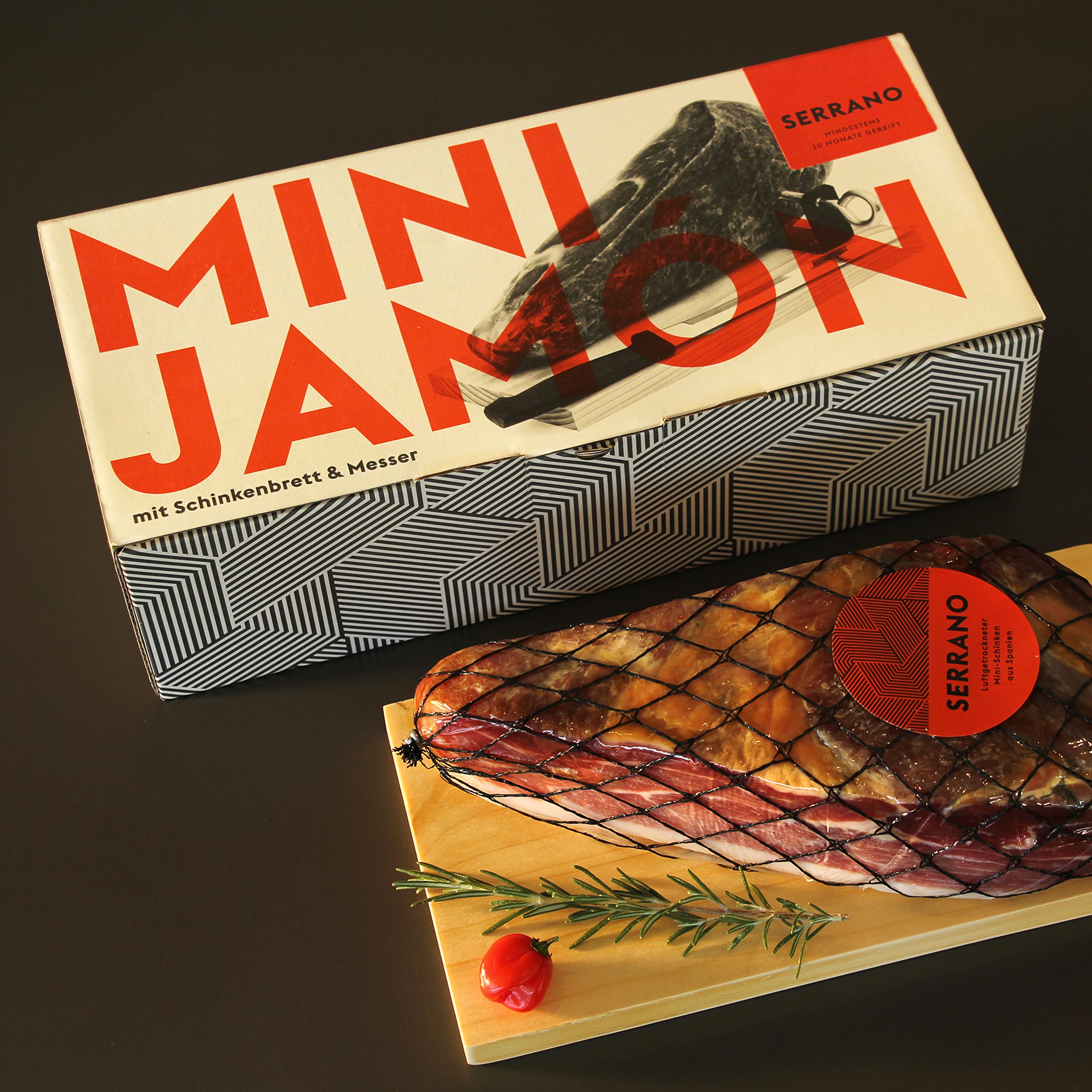 Jamon Serrano Mini im Geschenkkarton mit Holzständer und Schinkenmesser