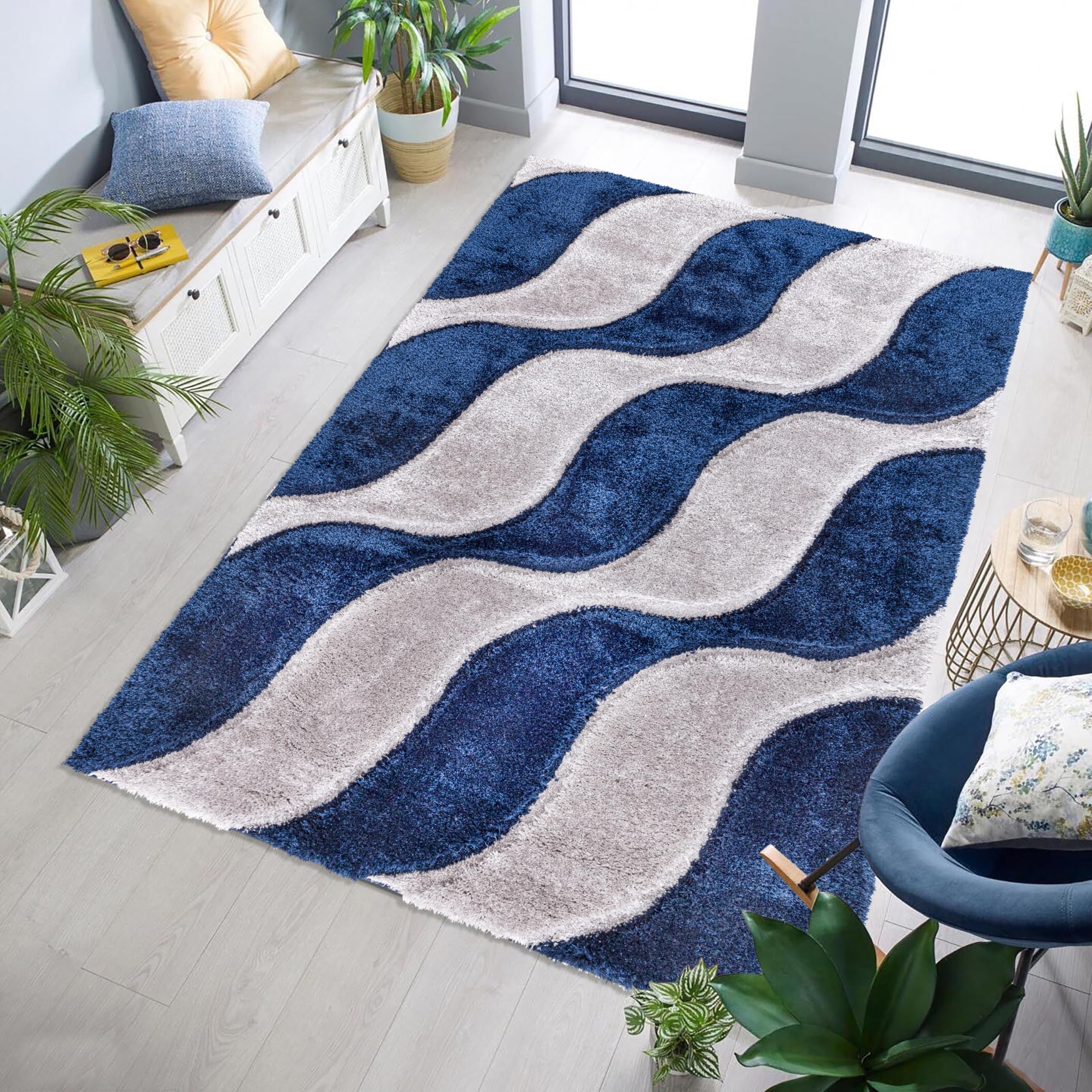 Modern Wave Pattern Rug Geometric Swirl Carpet High Pile, Soft 3D Shaggy Area Rug for Living Room, Bedroom & Lounge Non-Shedding Easy Care (Blue, 200 cm × 290 cm = 6.56 ft × 9.51 ft)