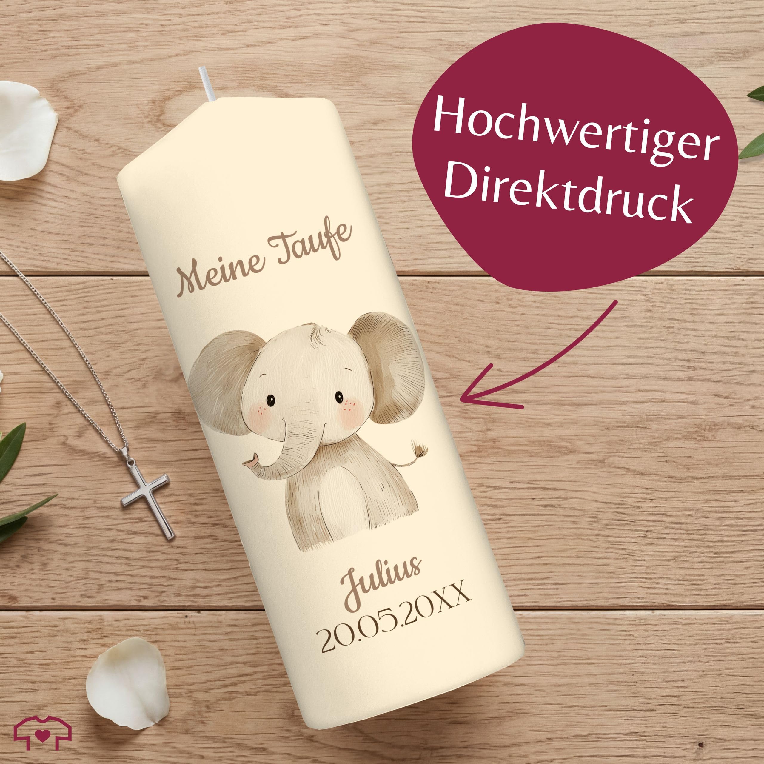 Taufkerze - Taufe - Elefant mit Name Datum Wunschtext - Taufgeschenk Deko personalisiert - 230/78 mm - Elfenbein