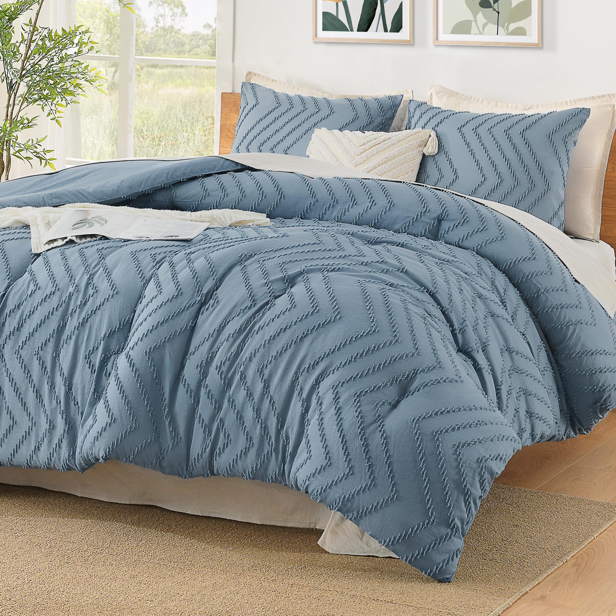 Litanika King Comforter Set Grayish Blue, 3 Pieces Lightweight Tufted Solid Bedding Sets, Down Alternative Comforter Fluffy Bed Set Gift Choice