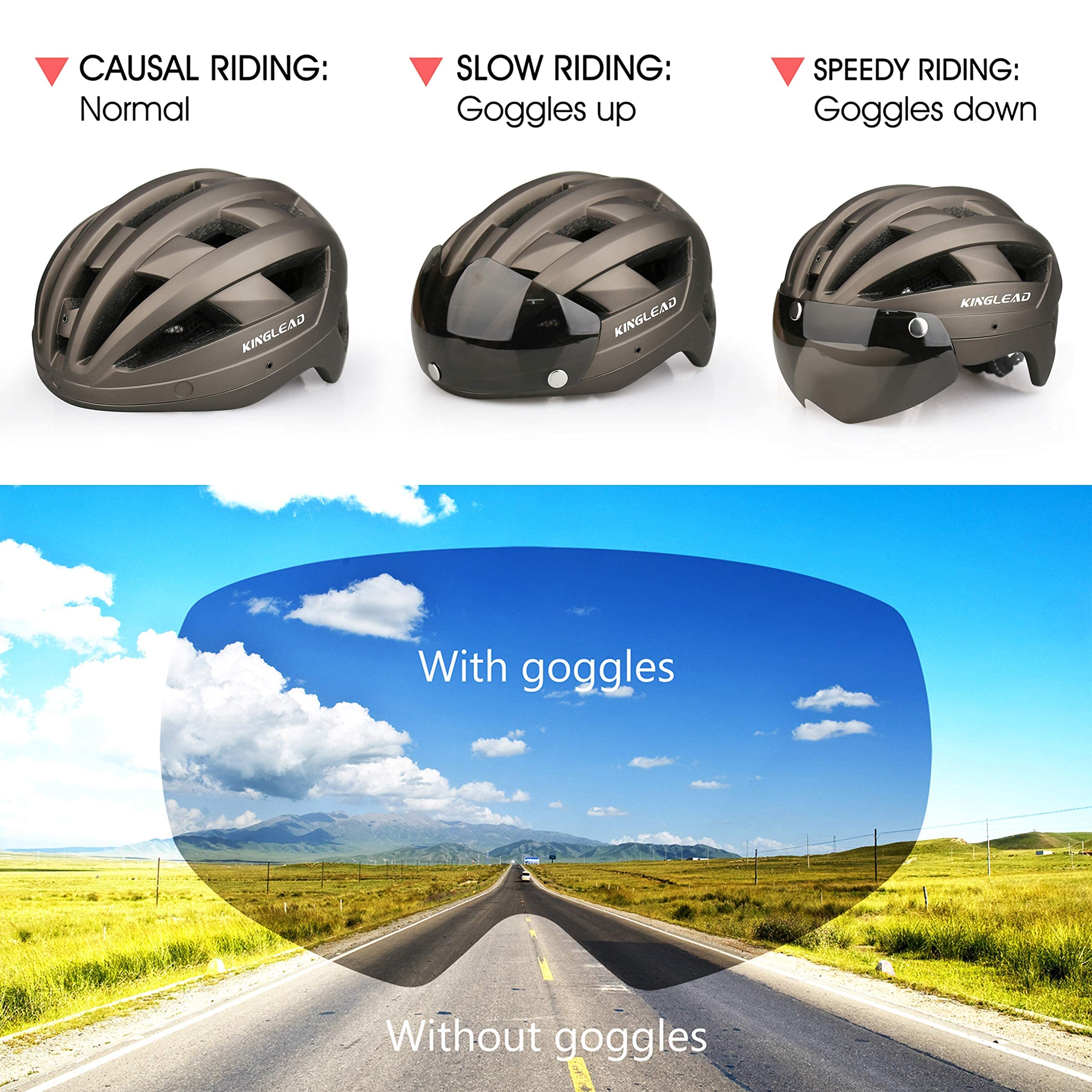 KINGLEAD Casco da Bicicletta per Adulti Uomini Donne con Luce LED Ricaricabile USB, Occhiali Magnetici e Visiera Rimovibile, Casco da Mountain Bike Casco da Ciclismo Casco da Bicicletta da Strada