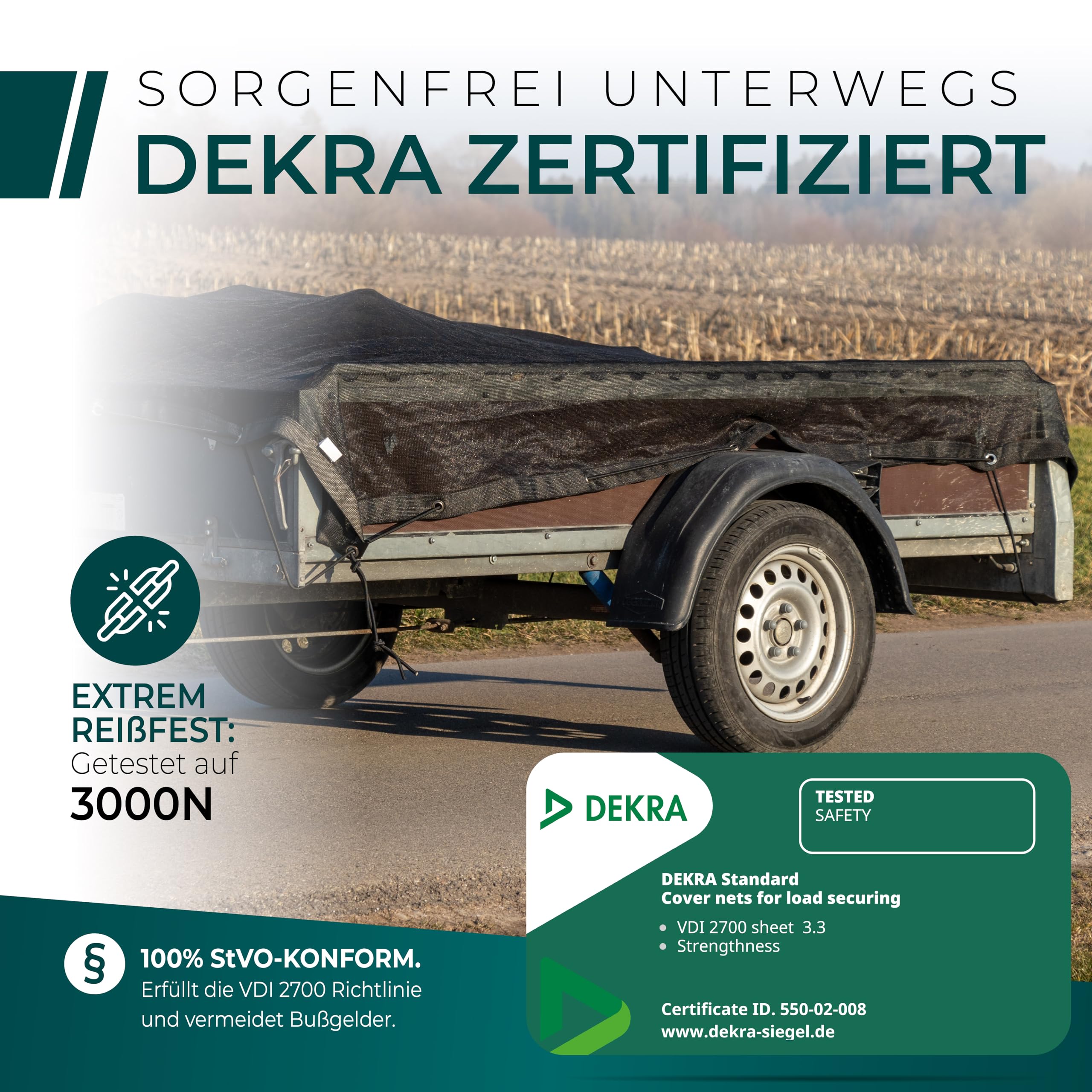 CargoVA® Anhängernetz Feinmaschig 2x3m [DEKRA Geprüft] - Abdecknetz mit Gummiseil - Ladungssicherungsnetz für Anhänger - Laubnetz StVO-Konform