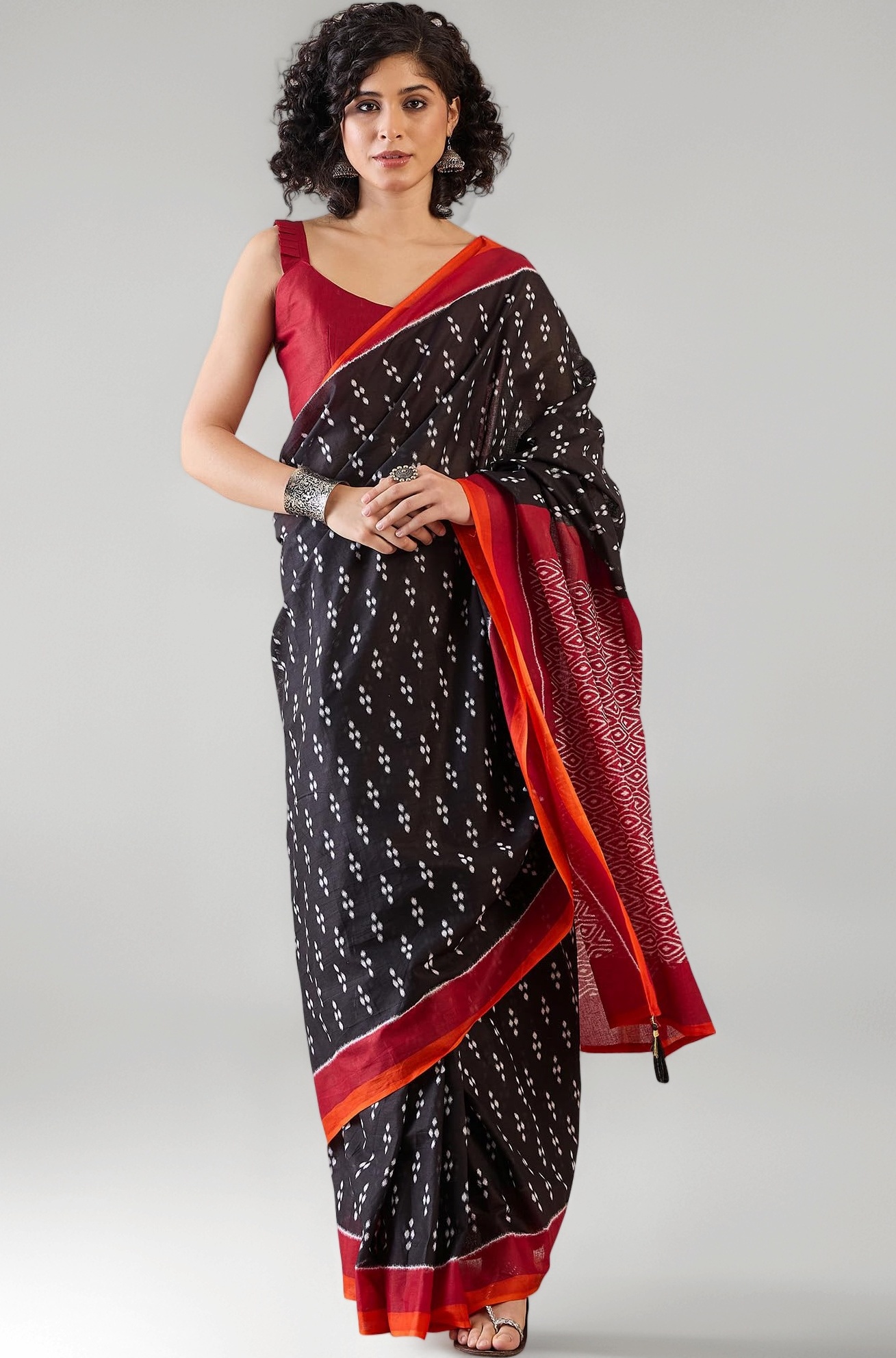 Women's Cotton Ikat Printed Ready To Wear one Minute Saree With Blouse Piece