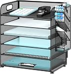 SUPEASY 6 Tier Paper Organizer with 4 Pen Holders, Mesh Letter Tray with Handle, Paper Tray Organizer for A4 Files, Black | Black 6 tiers paper organizer , file organizer letter tray with handle for A4 files, folders, mail and office supplies
