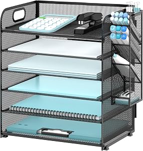 SUPEASY 6 Tier Paper Organizer with 4 Pen Holders, Mesh Letter Tray with Handle, Paper Tray Organizer for A4 Files, Black | Black 6 tiers paper organizer , file organizer letter tray with handle for A4 files, folders, mail and office supplies