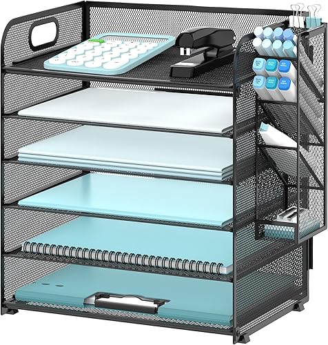 Miniatura 8 de SUPEASY Organizador de escritorio de 6 niveles con 4 soportes para bolígrafos, organizador de papel de malla con asa, bandeja organizadora de
