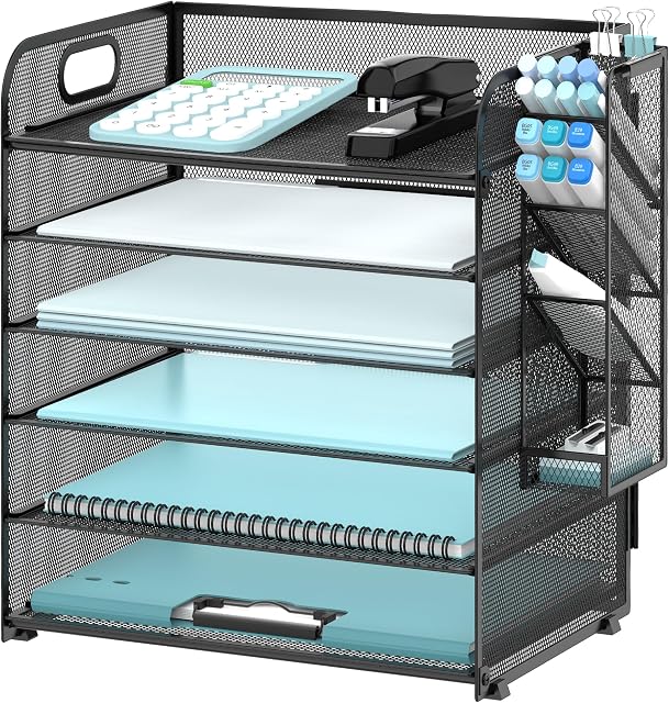 SUPEASY 6 Tier Paper Organizer with 4 Pen Holders, Mesh Letter Tray with Handle, Paper Tray Organizer for A4 Files, Black | Black 6 tiers paper organizer , file organizer letter tray with handle for A4 files, folders, mail and office supplies
