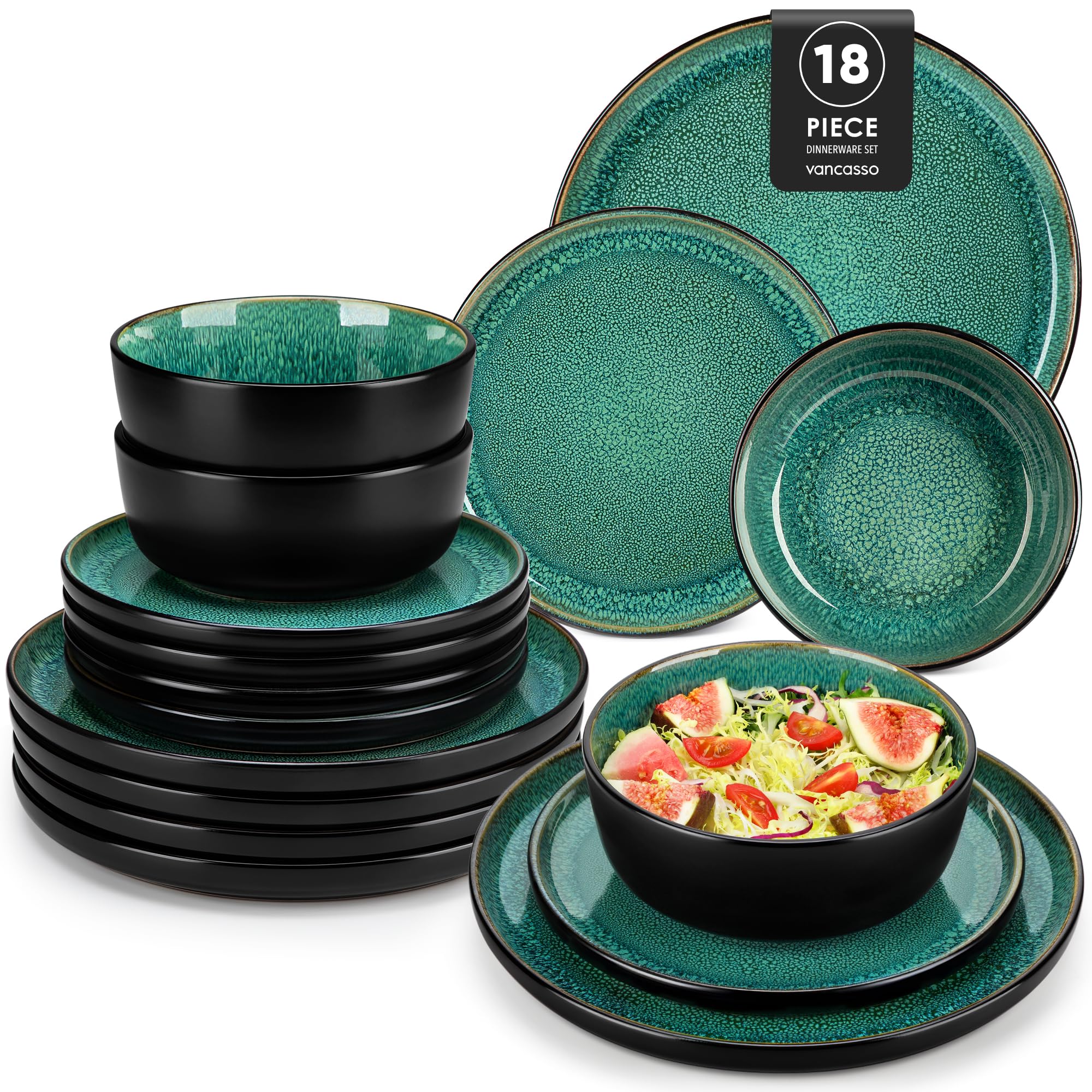 vancasso Playa Green Dinner Set, Reactive Glaze Dinner Sets for 6 People, 18-Piece Mediterranean Crockery Set with Dinner Plates, Dessert Plate and Cereal Bowls