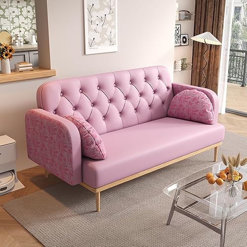 SZLIZCCC Sofá biplaza de piel sintética de 56 pulgadas, sofá pequeño, moderno sofá biplaza de lujo de bajo perfil, reposabrazos y almohadas con