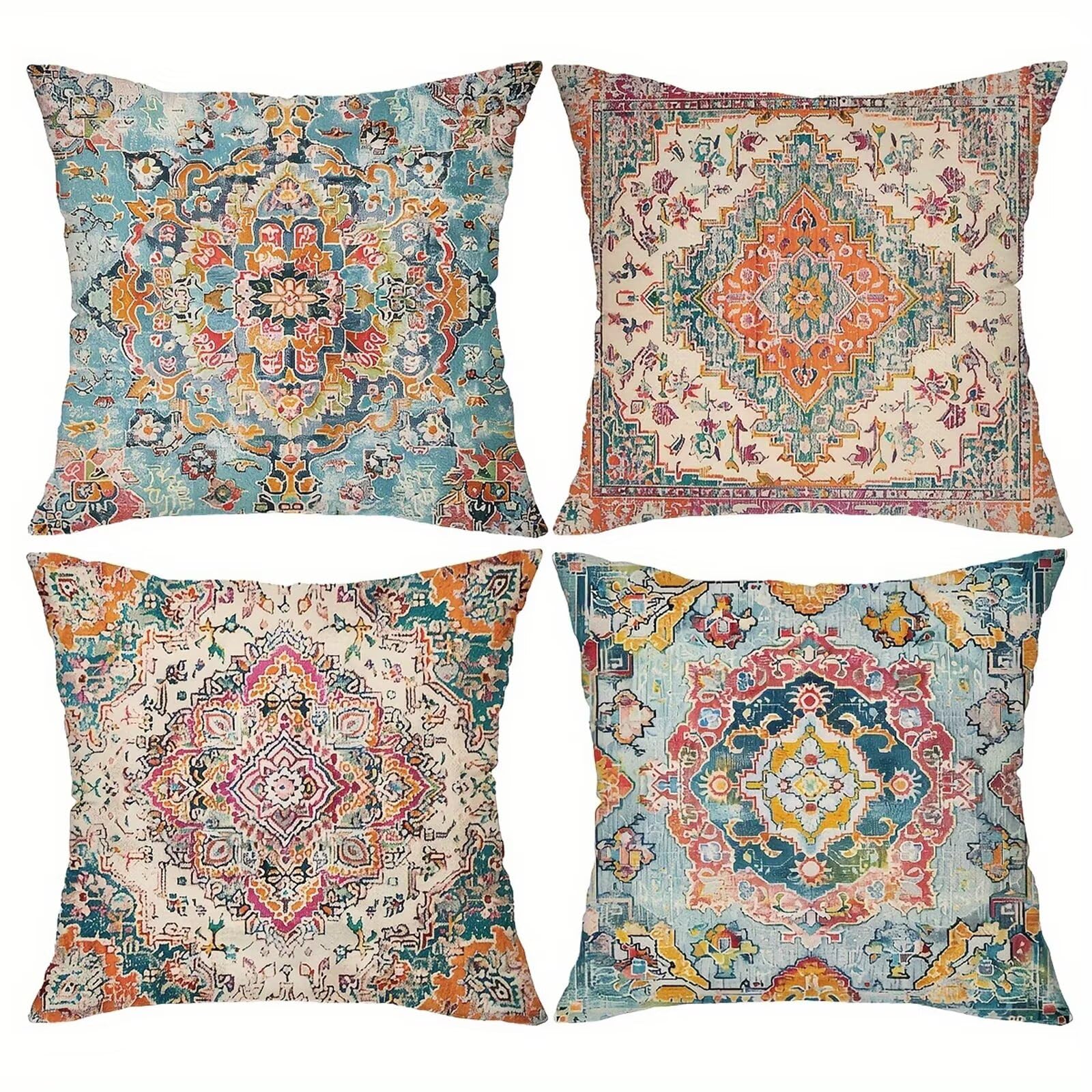 Heaen Outdoor Cushions Covers Waterproof 35x35 cm Set of 4 Square Linen Pillow Cases Abstract Ethnic Style Decorative Dushions for Sofa Porch Patio Home Decor