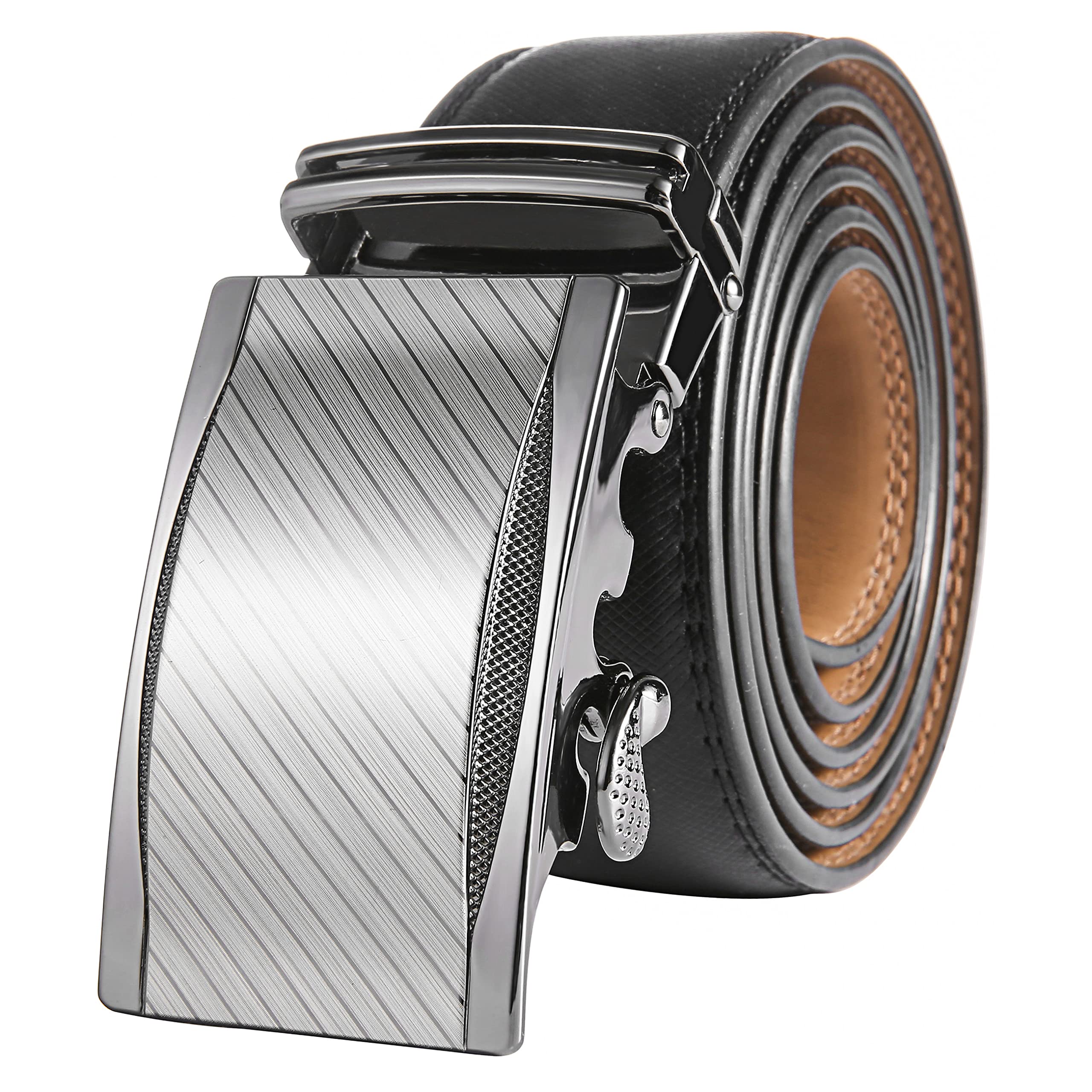 Marino Avenue Men's Select Striped - Deep Charcoal ’S Genuine Leather Ratchet Dress Belt With Automatic Buckle, Enclosed In An Elegant Gift Box - Adjustable From 28" To 44" Waist