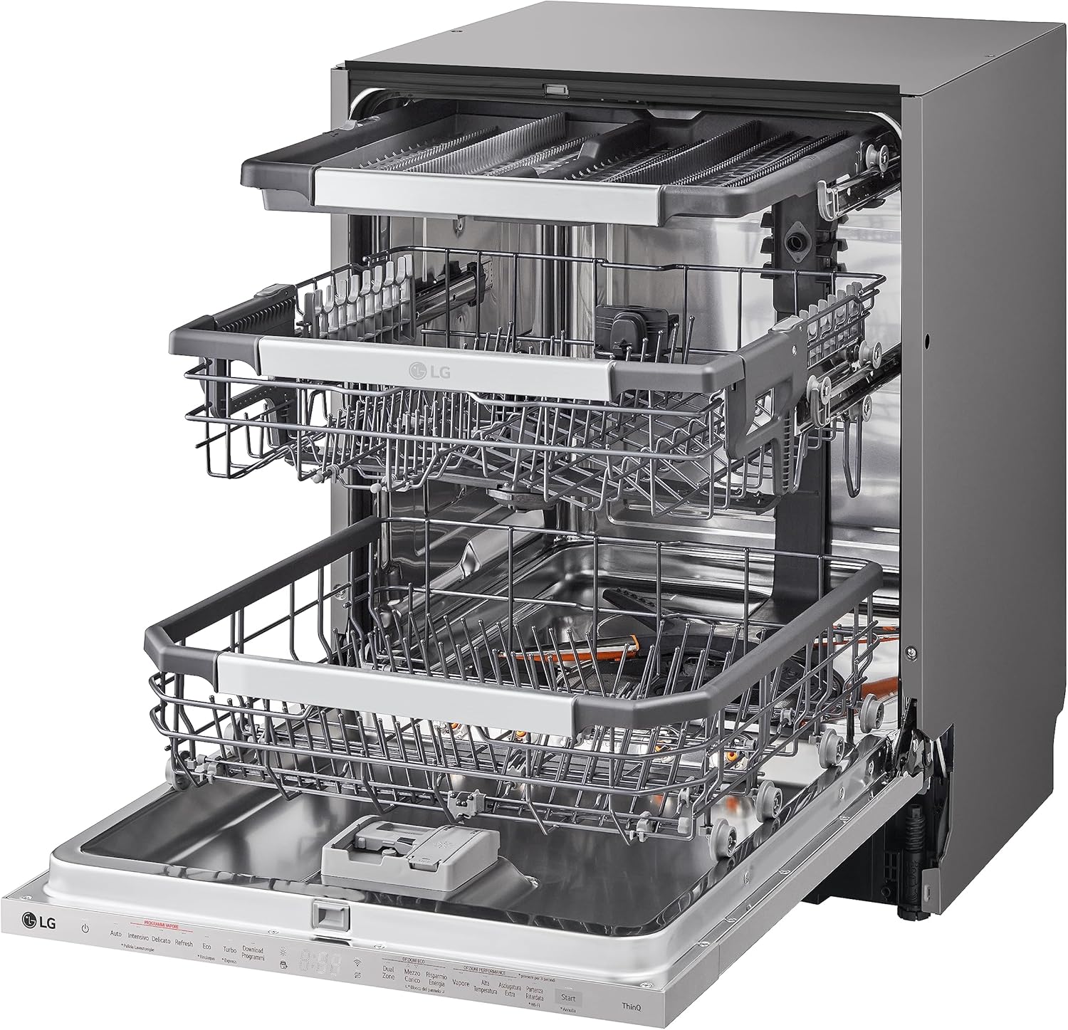 LG QuadWash DB475TXS Lavastoviglie da Incasso, a Scomparsa Totale, Serie 4, Classe A, 14 Coperti, 4 Bracci Irroratori, Vapore, Cerniere Sliding, Apertura Automatica, 3° Cestello, Wi-Fi, Acciaio [Classe di efficienza energetica A]