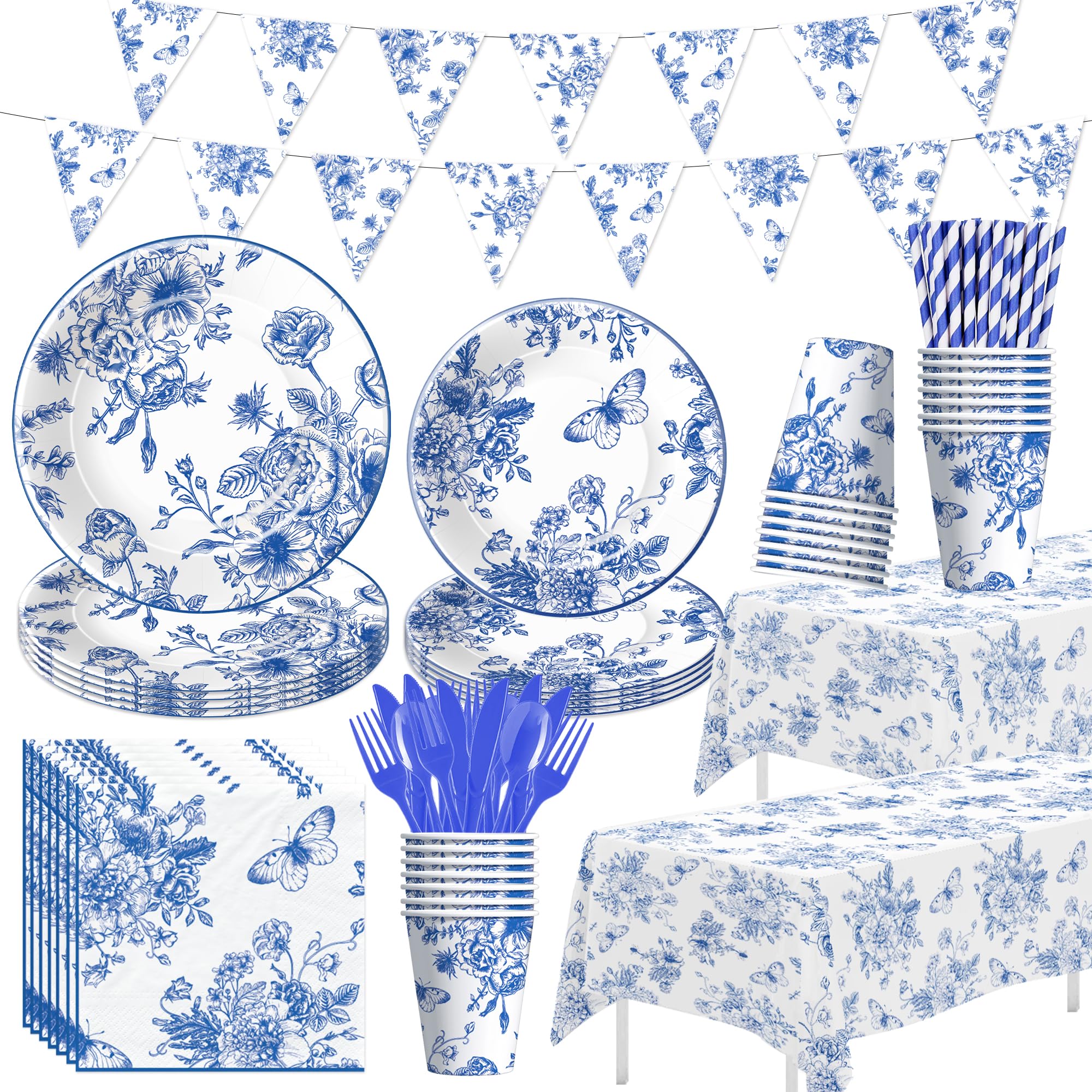FVABO Blue and White Floral Paper Plates, Elegant Flower Party Supplies, Plate, Napkin, Cup, Cutlery, Tablecloth, Banner, For Birthday Baby Bridal Shower Wedding Chinoiserie Decor, Serves 24