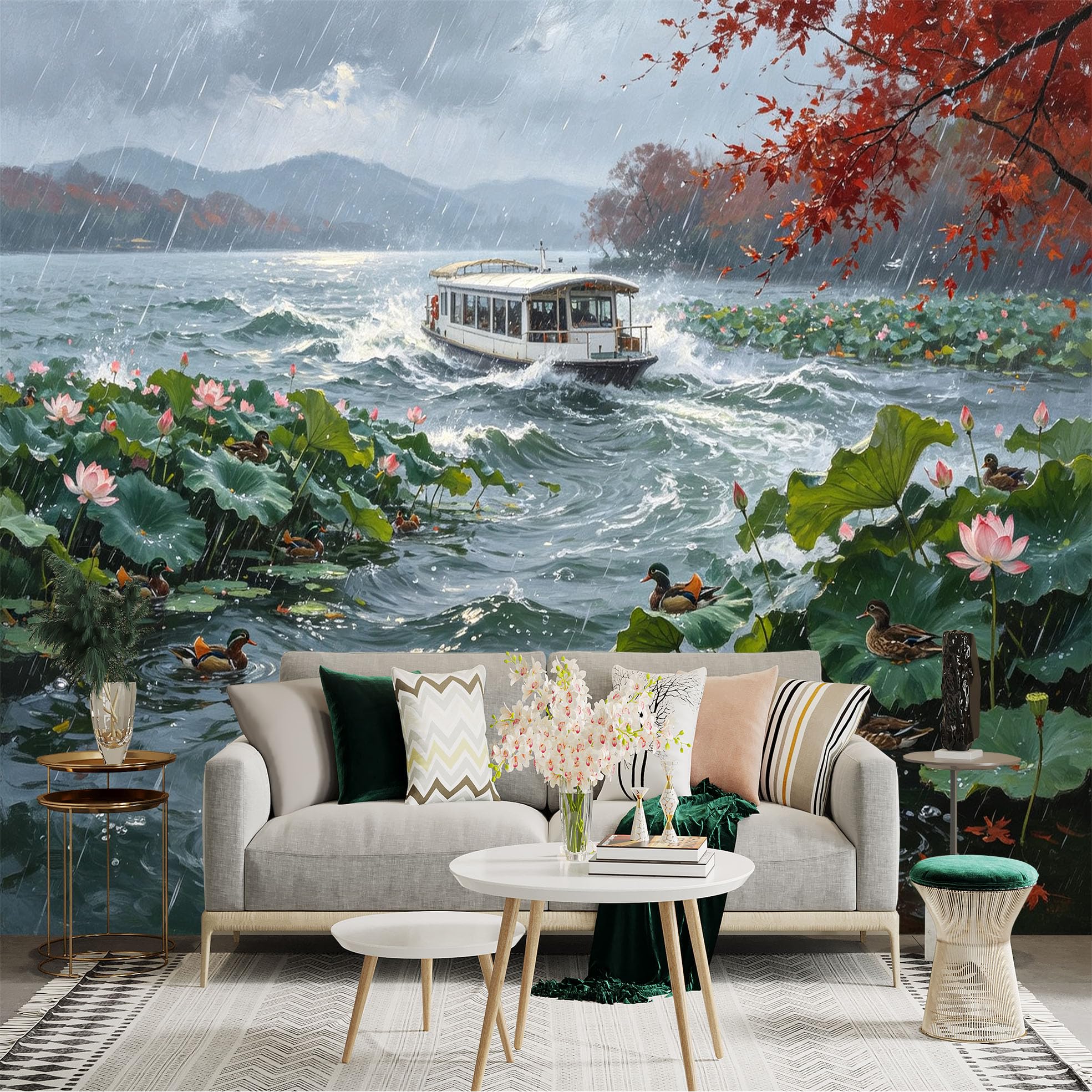 Custom Size Wall Sticker Mural， Rainy Lake Scene， Boat Sailing Among Lotus Flowers and Ducks， Peaceful Nature Scenery， for wall Decoration， peelandstick wall Decals.